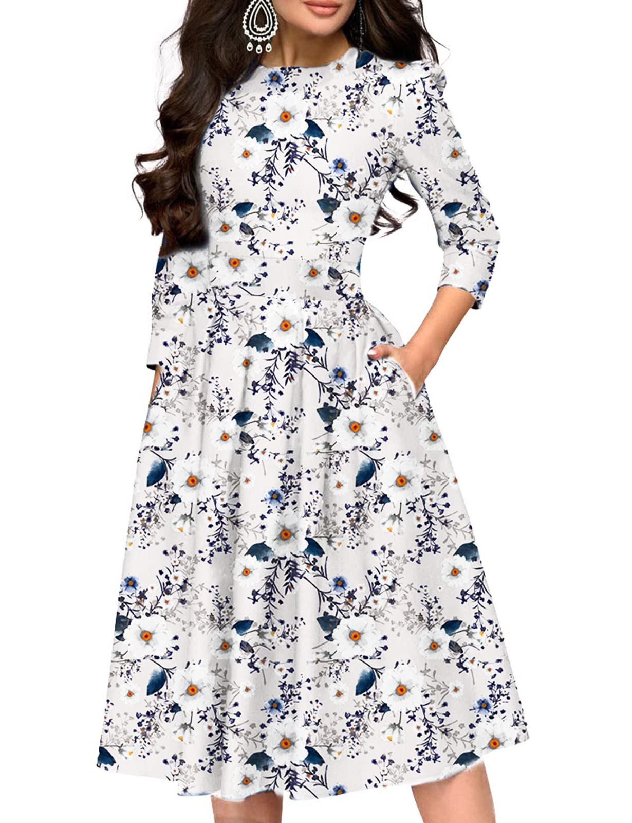 Vintage Floral Midi Dress for Women - Elegant 3/4 Sleeve Evening Gown | Perfect for Cocktail Parties, Weddings & Formal Occasions