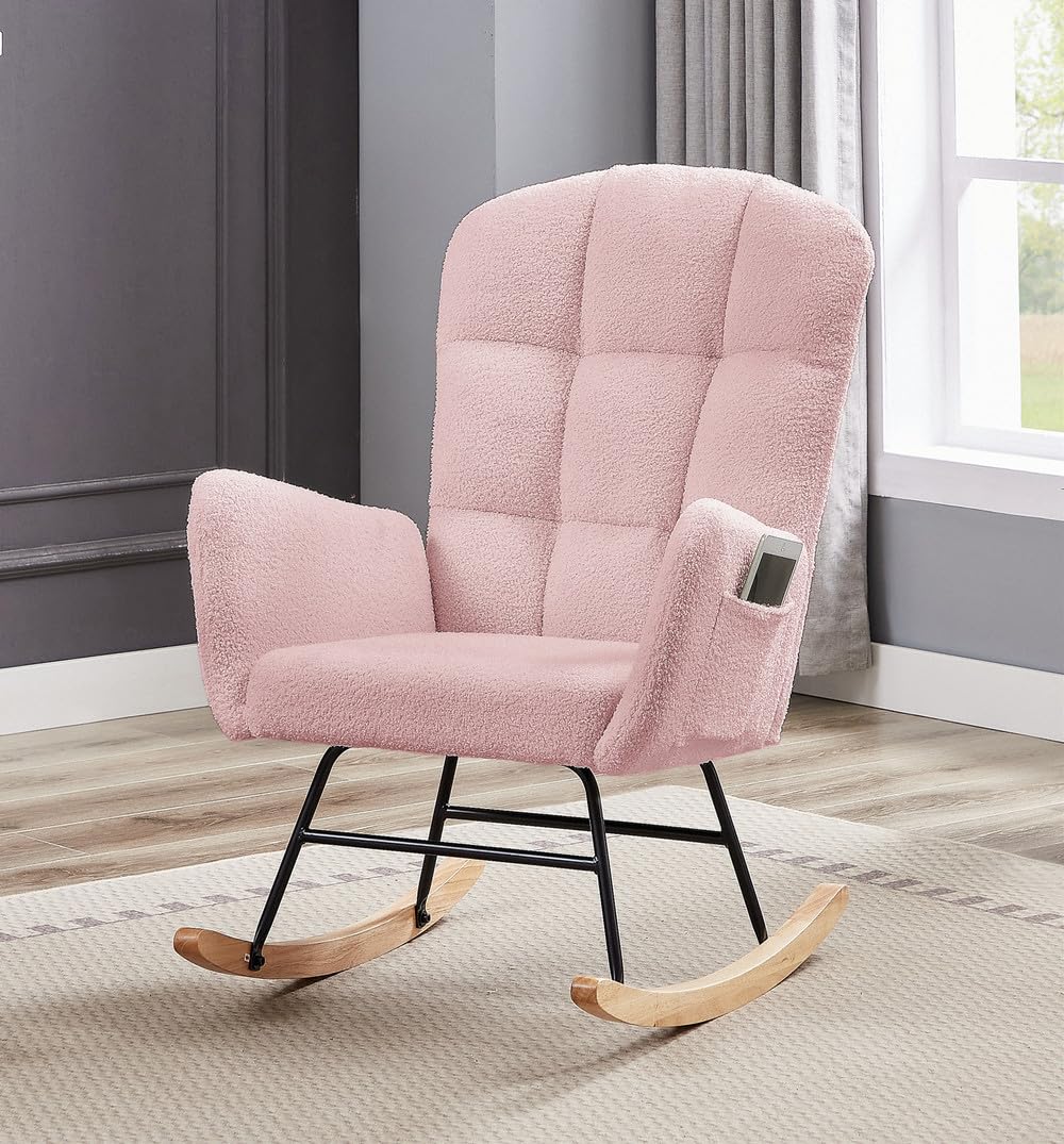Comfortable Upholstered Nursery Rocking Chair with High Backrest - Pink Teddy Glider Armchair for Living Room, Bedroom & Office - Perfect for Nursing, Relaxing & Reading