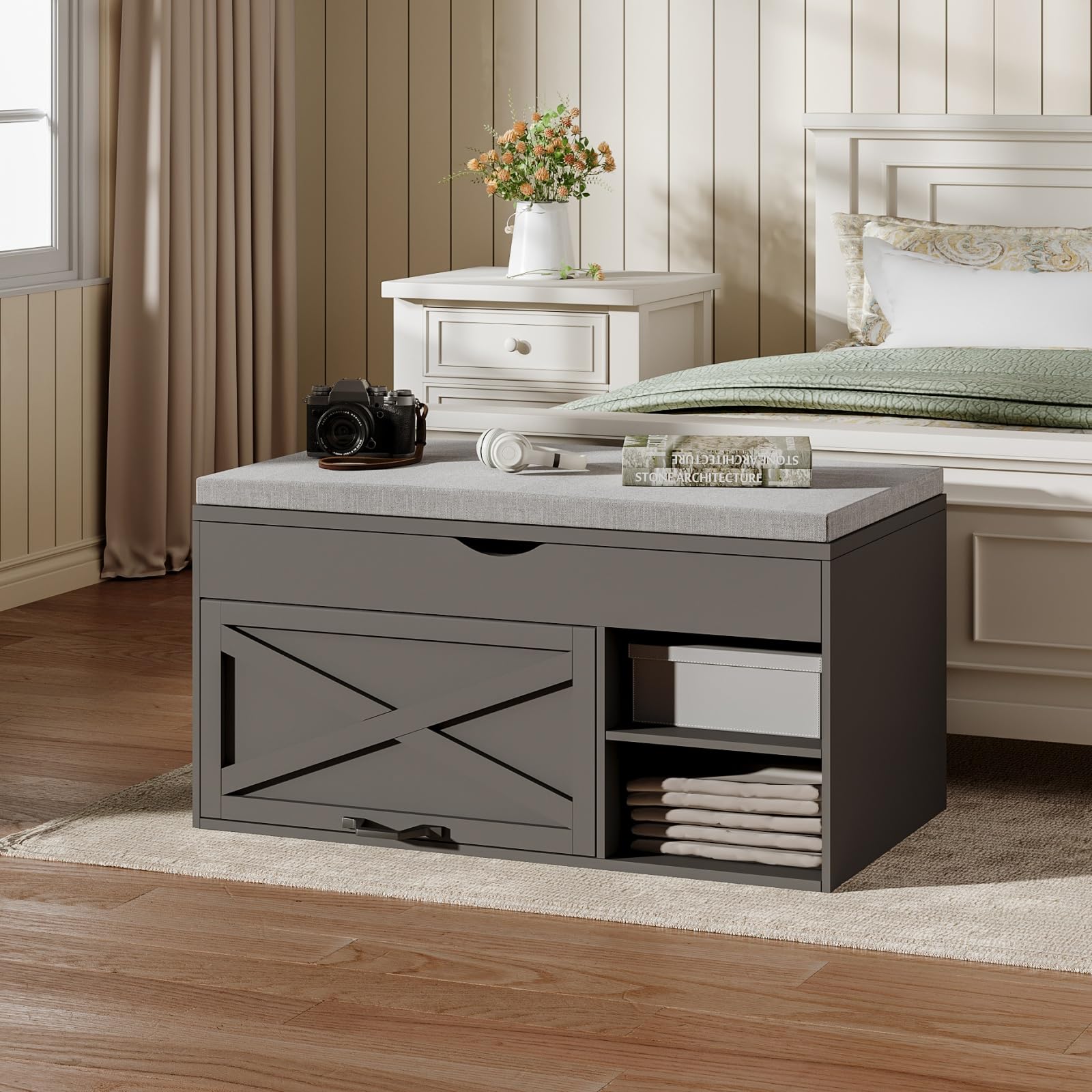 ChooChoo Storage Bench with Cushion - Lift Top Shoe Bench with Adjustable Shelf, Entryway Shoe Cabinet for Living Room & Bedroom - Perfect for Organizing Shoes, Hats & Seasonal Items in Small Spaces (Black)