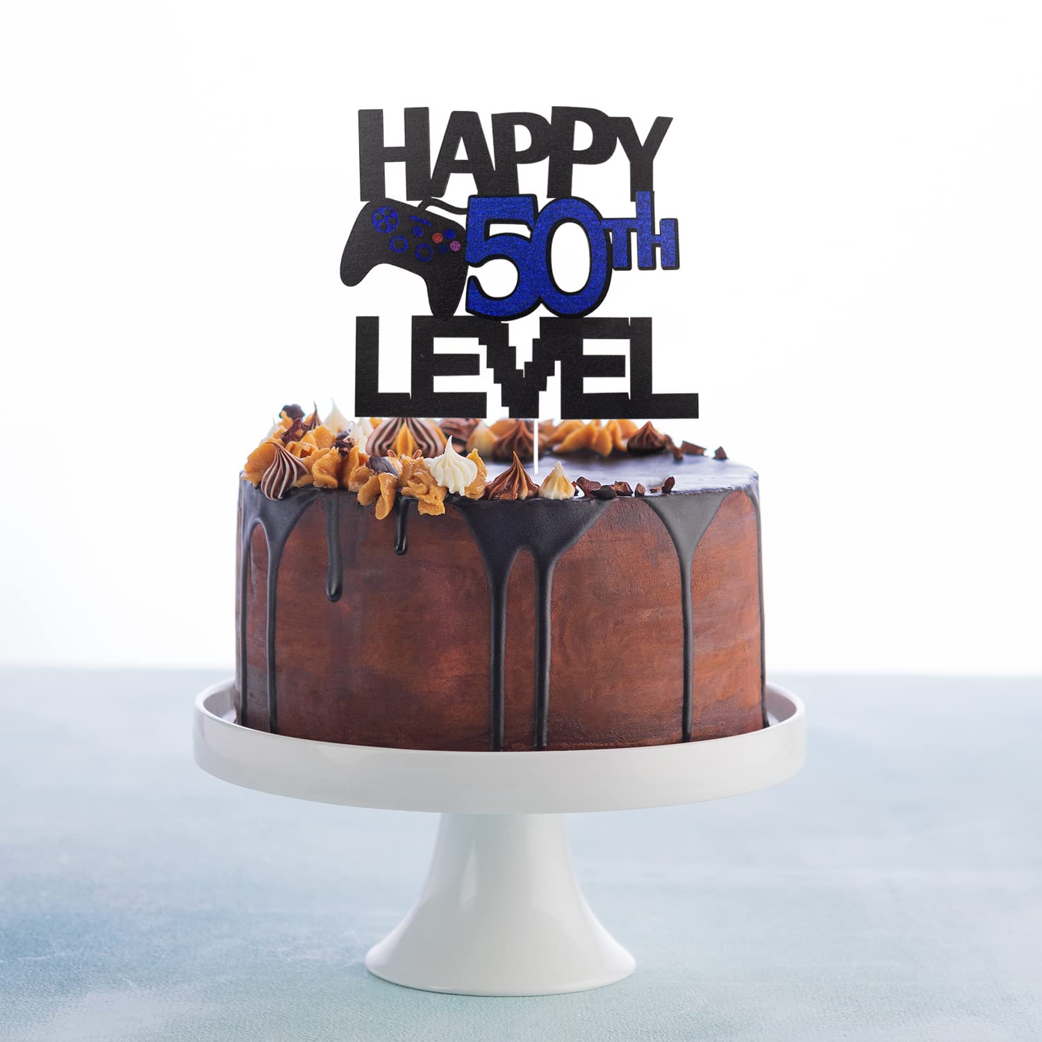 Happy 50th Birthday Video Game Cake Topper - Glitter Gamer Level 50 Unlocked Party Decoration - Perfect for Gaming Themed Birthday Cakes & Anniversary Celebrations