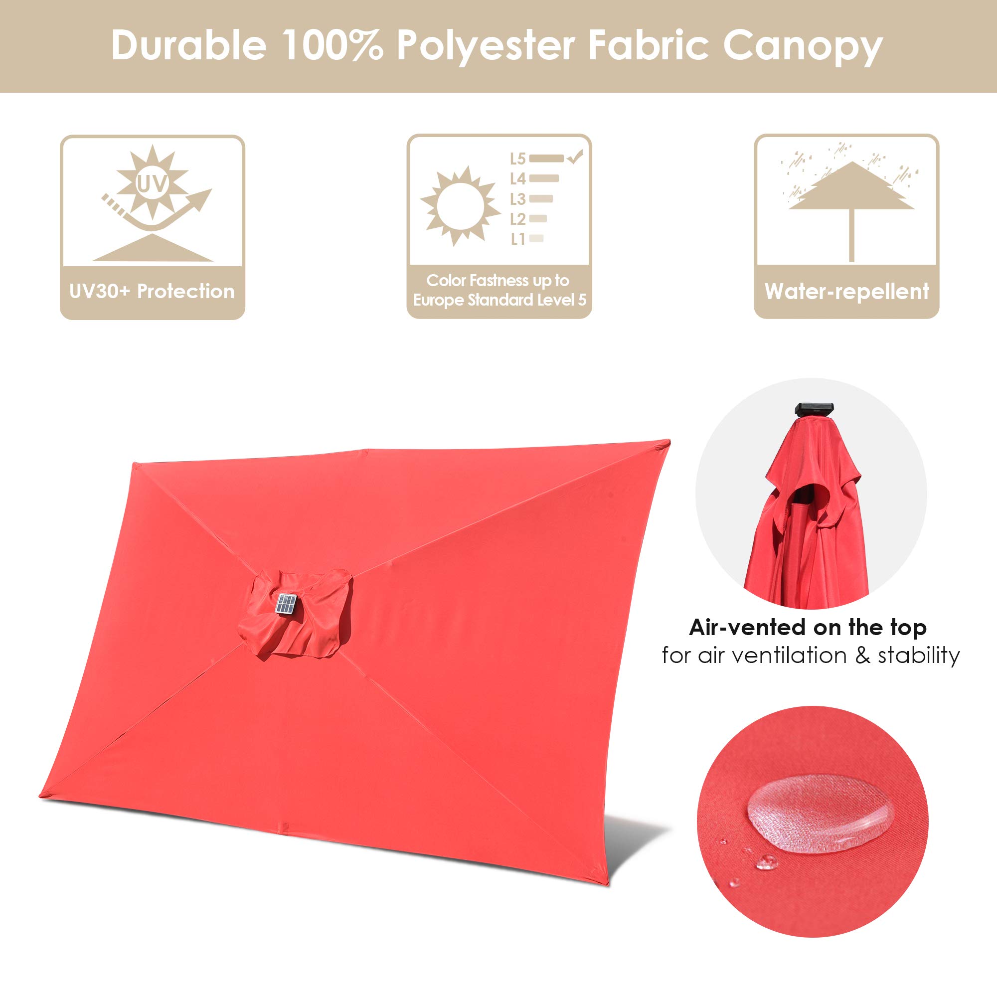 Yescom 10x6.5ft Red Outdoor Patio Umbrella with Solar LED Lights - Crank & Tilt Aluminum Market Umbrella for Beach, Poolside, Garden & Backyard Relaxation