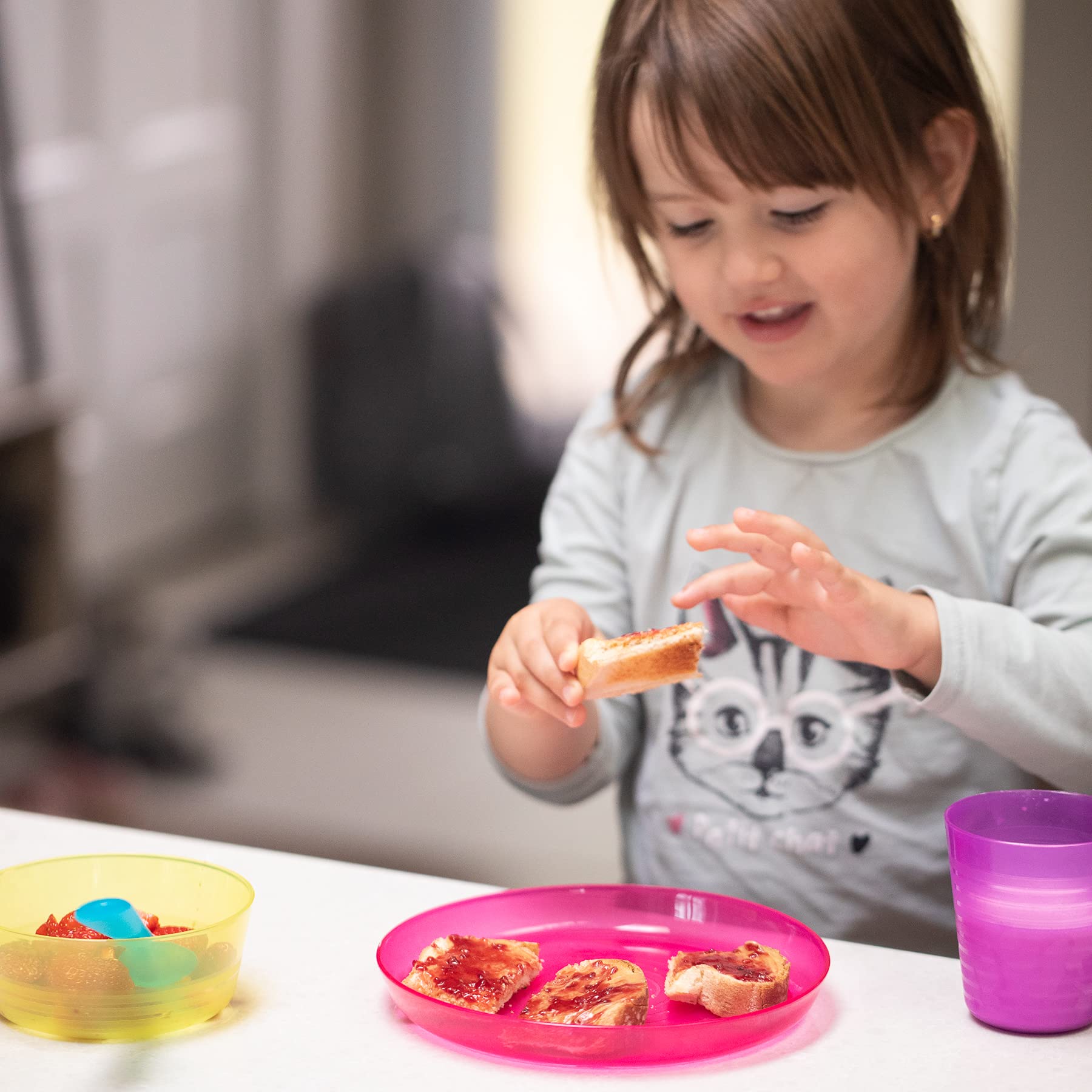 Cuddly Hippo 72-Piece Kids Plastic Dinnerware Set (Plates, Bowls, Cups & Utensils) - BPA-Free, Dishwasher & Microwave Safe | Reusable Tableware for Birthday Parties, Picnics & Family Gatherings