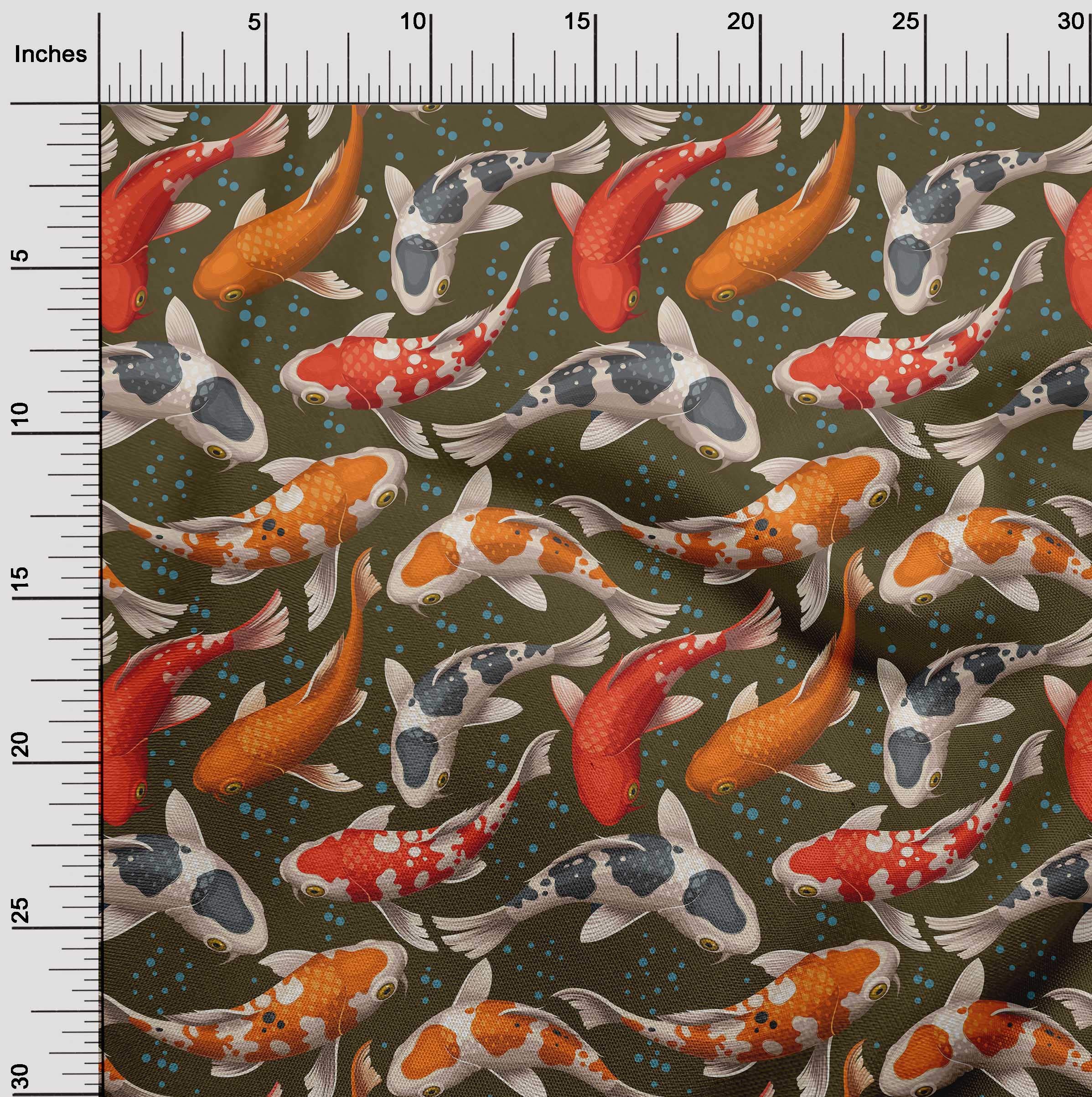 oneOone Cotton Cambric Dark Olive Green Fabric with Bubbles & Koi Fish Ocean Print - 56 Inch Wide DIY Sewing Material for Clothing, Quilting, and Home Decor Projects