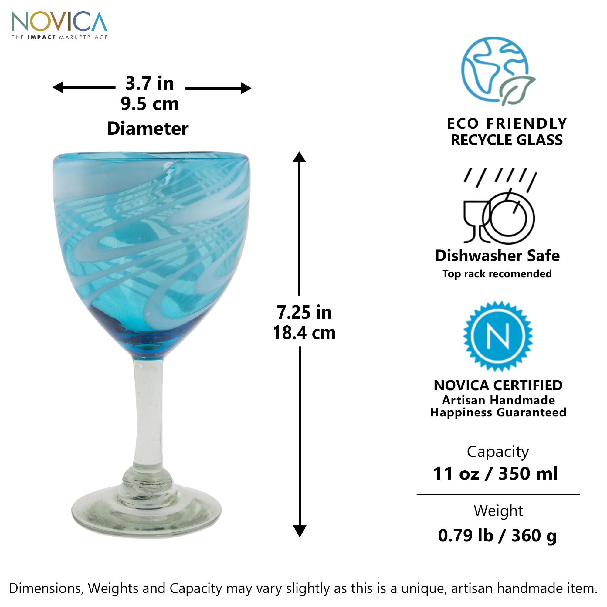 NOVICA Hand Blown Blue Glass Wine Glasses Set of 6 - 12 Oz Large 'Whirling Aquamarine' - Perfect for Dinner Parties, Wedding Gifts & Home Decor