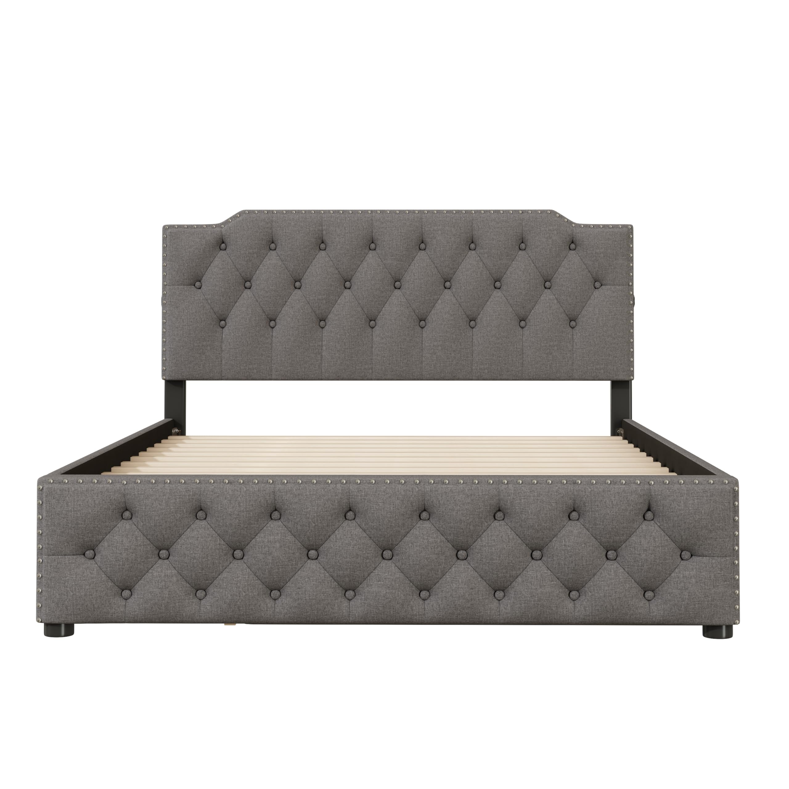 Queen Size Upholstered Platform Bed with Twin Trundle - 4 USB Ports (2 Each Side) - Linen Fabric with Button-Tufted Headboard & Footboard - Gray - Perfect for Guest Rooms, Small Spaces & Modern Bedrooms