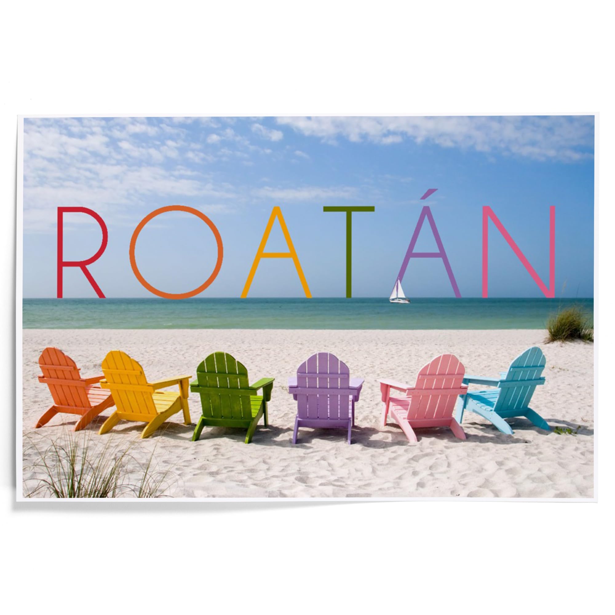 Lantern Press 12x18 Inch Roatan Beach Chairs Art Print - Colorful Wall Decor for Living Room, Bedroom & Office - Tropical Coastal Home Decor
