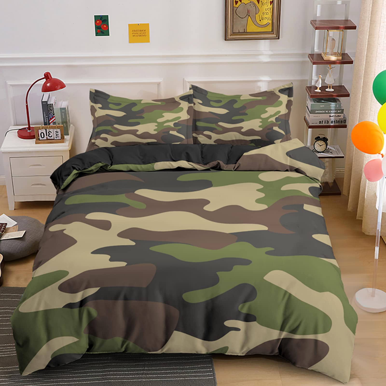 Queen Size Camouflage Comforter Set - 110g/㎡ Microfiber Duvet Cover with 2 Pillowcases (20
