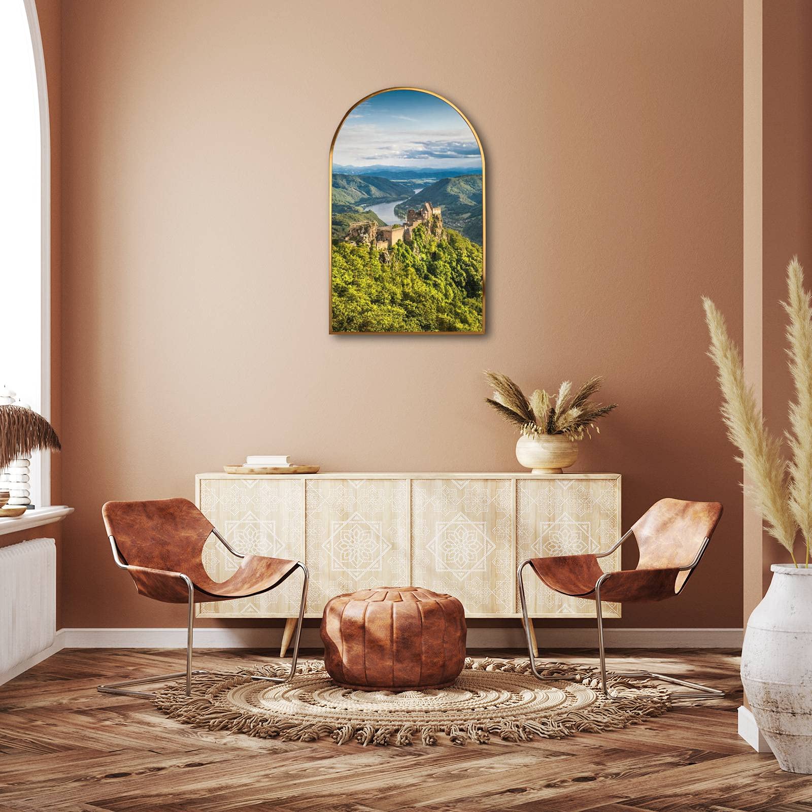 PEYQULTXNE Golden Framed Canvas Wall Art - Sunset Arch Wachau Valley with Castle Ruin Austria, Modern Giclee Painting for Home Decor, Ready to Hang - Perfect for Living Room, Bedroom & Office Wall Art