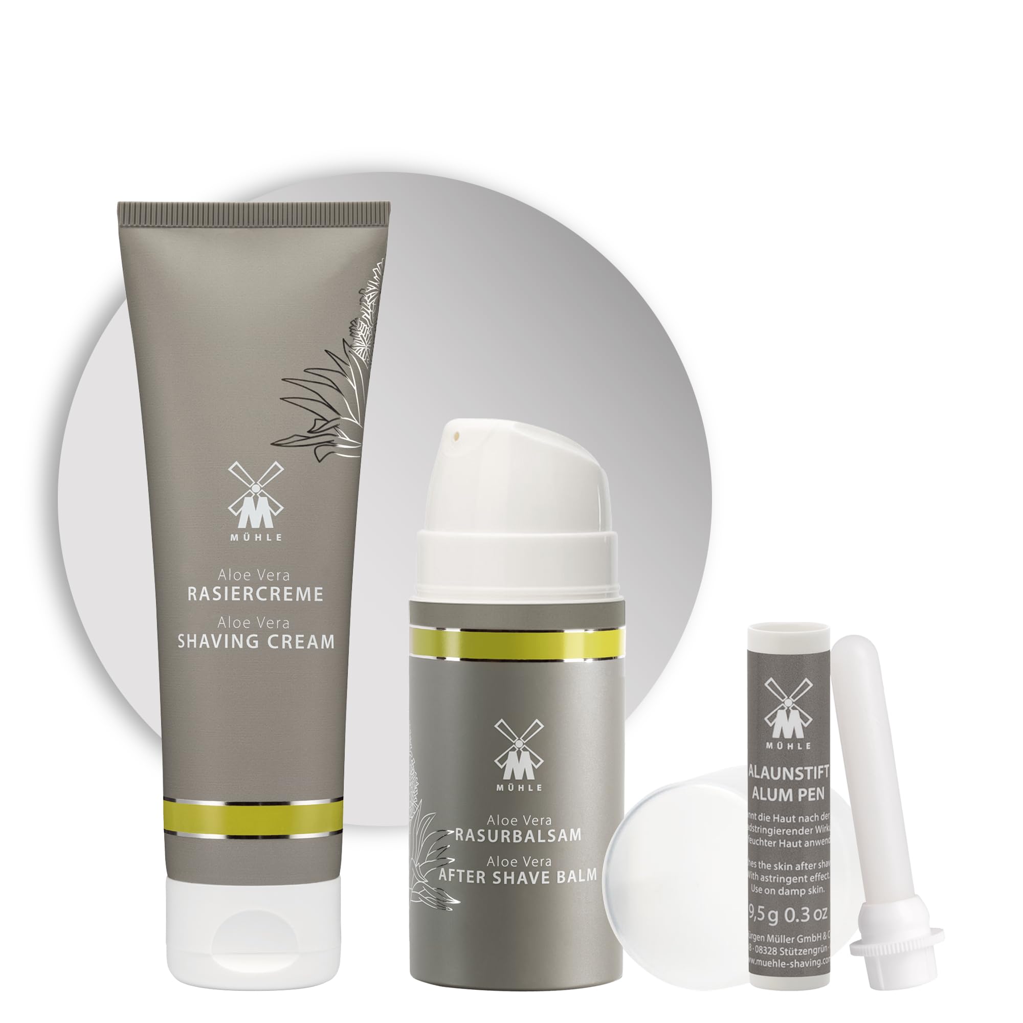 MÜHLE Shaving Essentials Bundle - Natural Alum Stone Styptic Pencil, Aloe Vera Aftershave Balm (100ml) & Shaving Cream (75ml) | Luxury Men's Grooming Kit for Sensitive Skin | Perfect for Travel & Daily Shaving Routine