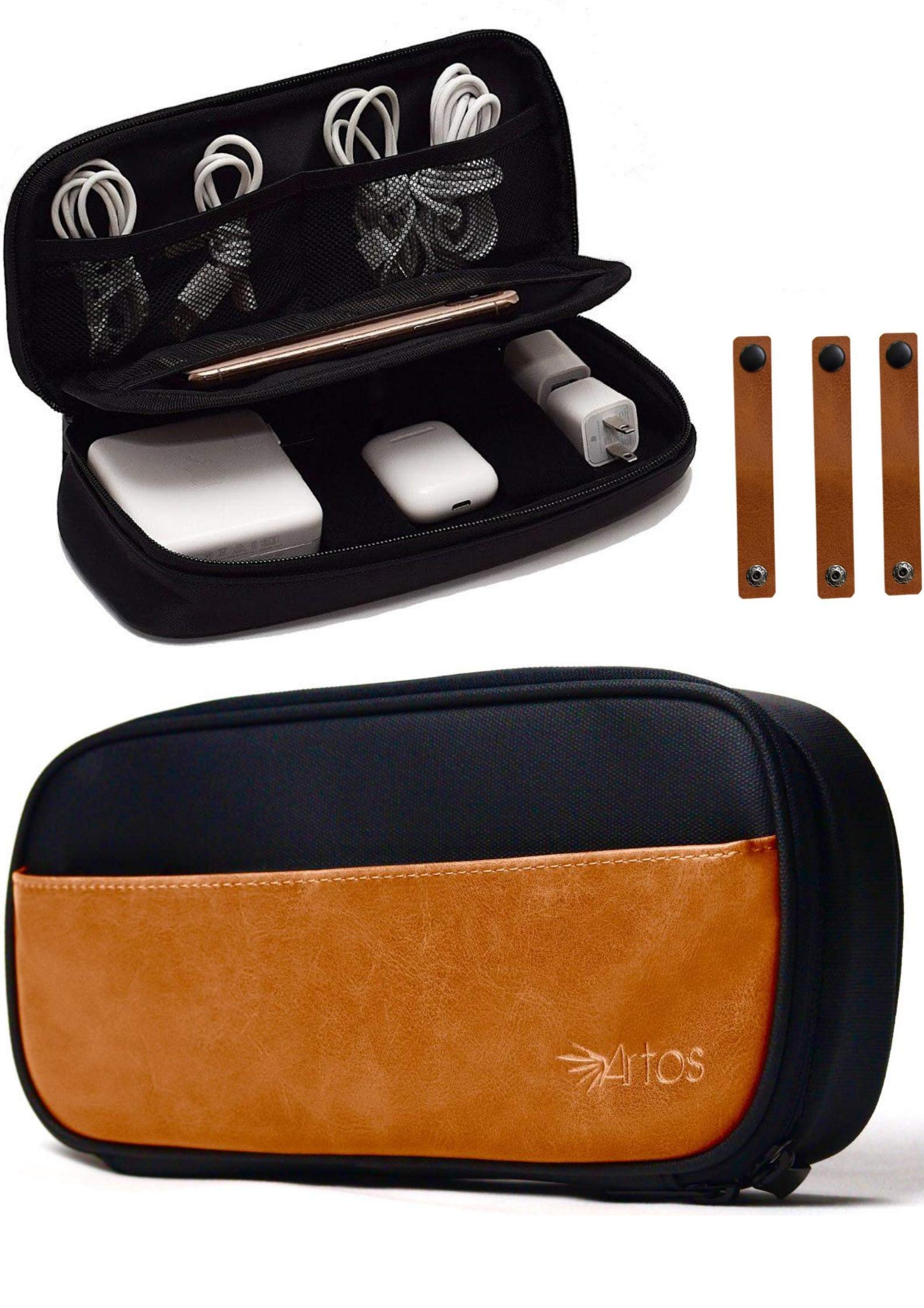 Premium Leather Electronic Organizer Travel Case - Cable Storage Bag & Tech Pouch for Chargers, Cords & Travel Essentials | Perfect for Business Trips, Daily Commute & Work Organization