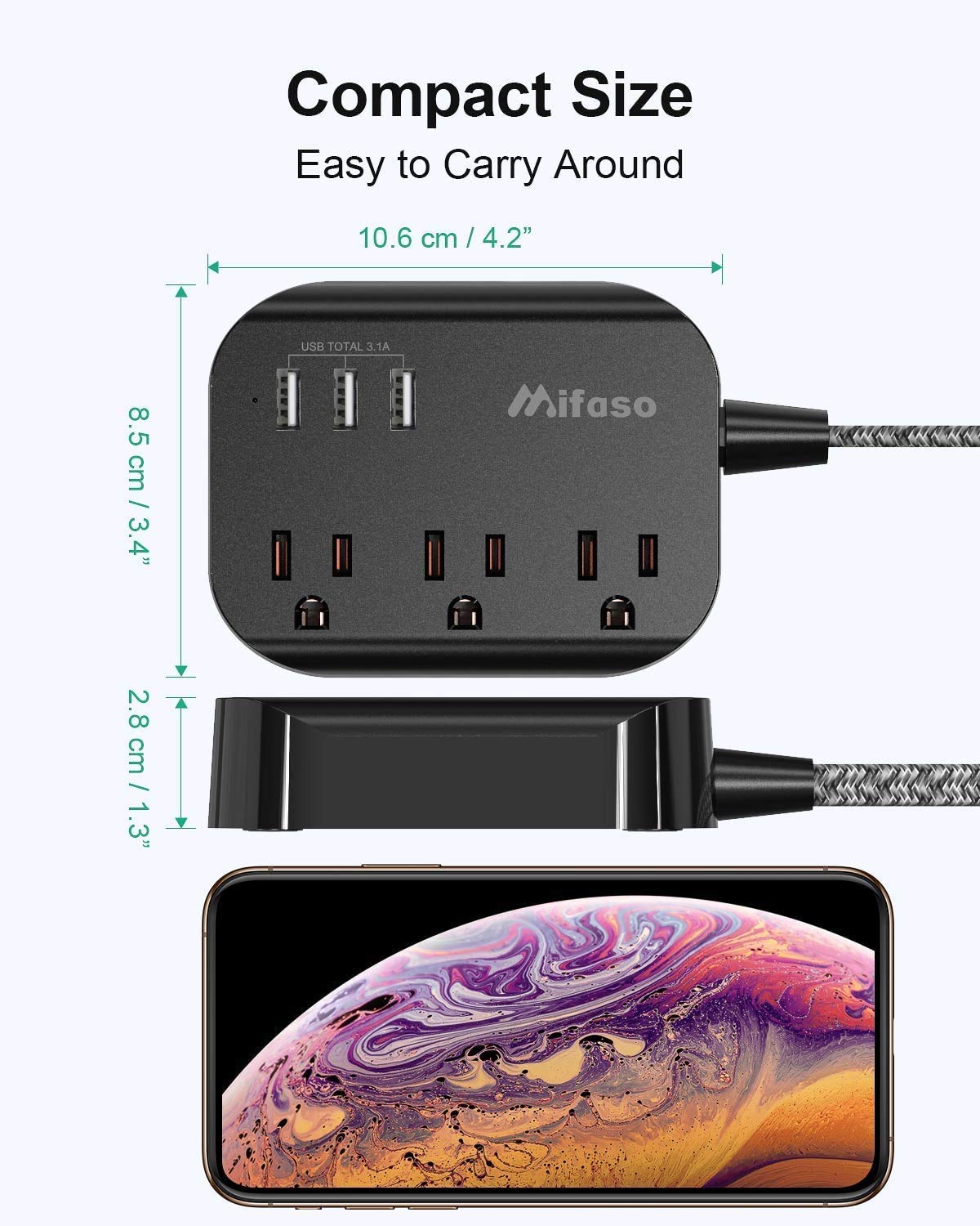 Flat Plug Power Strip with 3 Outlets & 3 USB Ports (3.1A) - 5ft Extension Cord - Space Saving Design for Cruise Ships, Dorms, Offices & Home Use