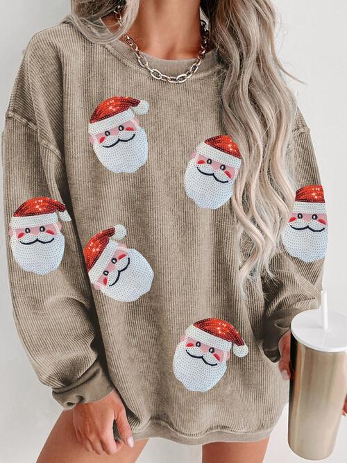 Festive Sequin Santa Patch Ribbed Sweatshirt - Christmas Holiday Pullover for Women & Teens - Perfect for Ugly Sweater Parties & Winter Celebrations