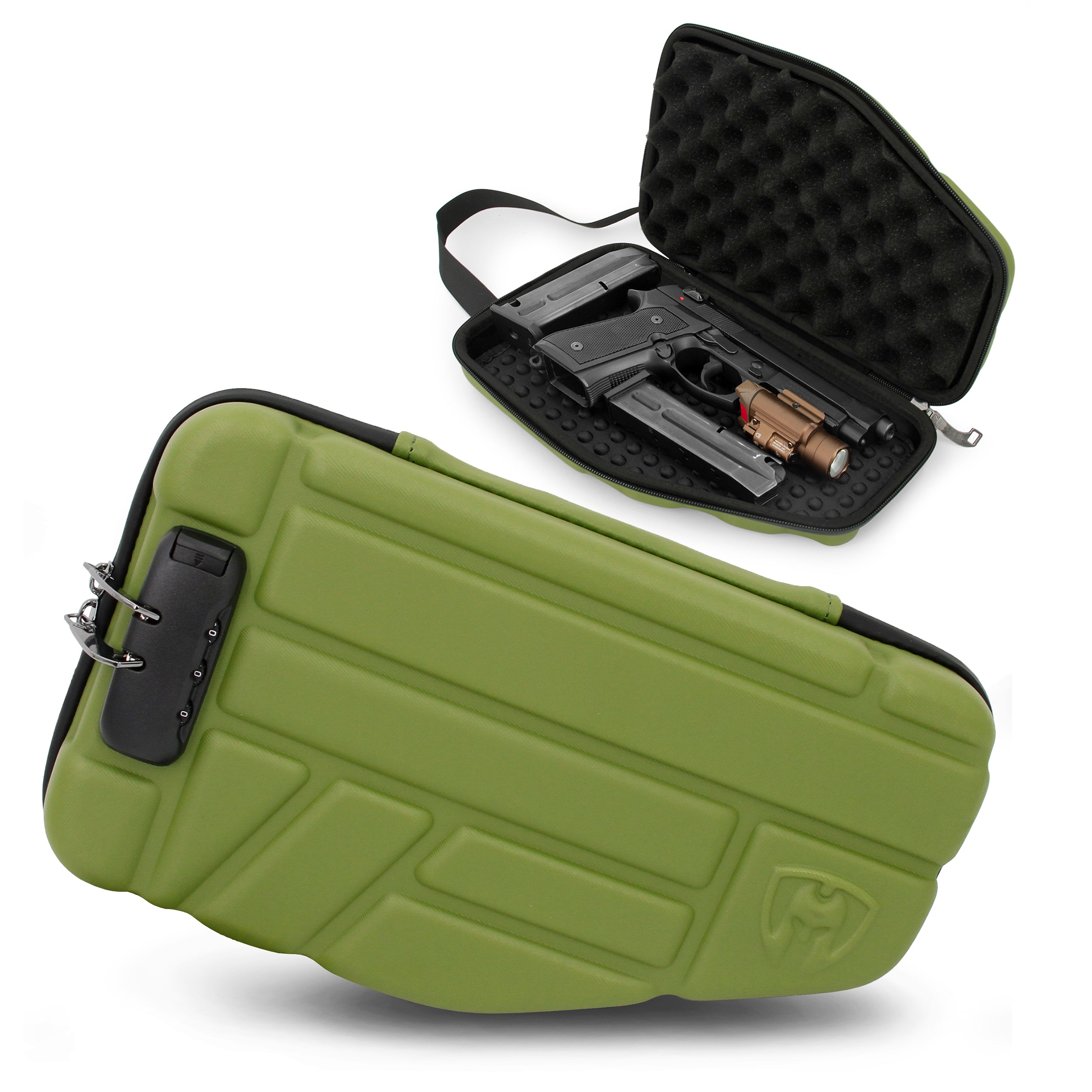 Premium CASEMATIX Locking Pistol Case for Small to Large 9mm Handguns - Secure Storage with Extra Magazine & Attachment Space - Heavy Duty Green Gun Case with Locking Zippers - Perfect for Range, Travel & Home Security