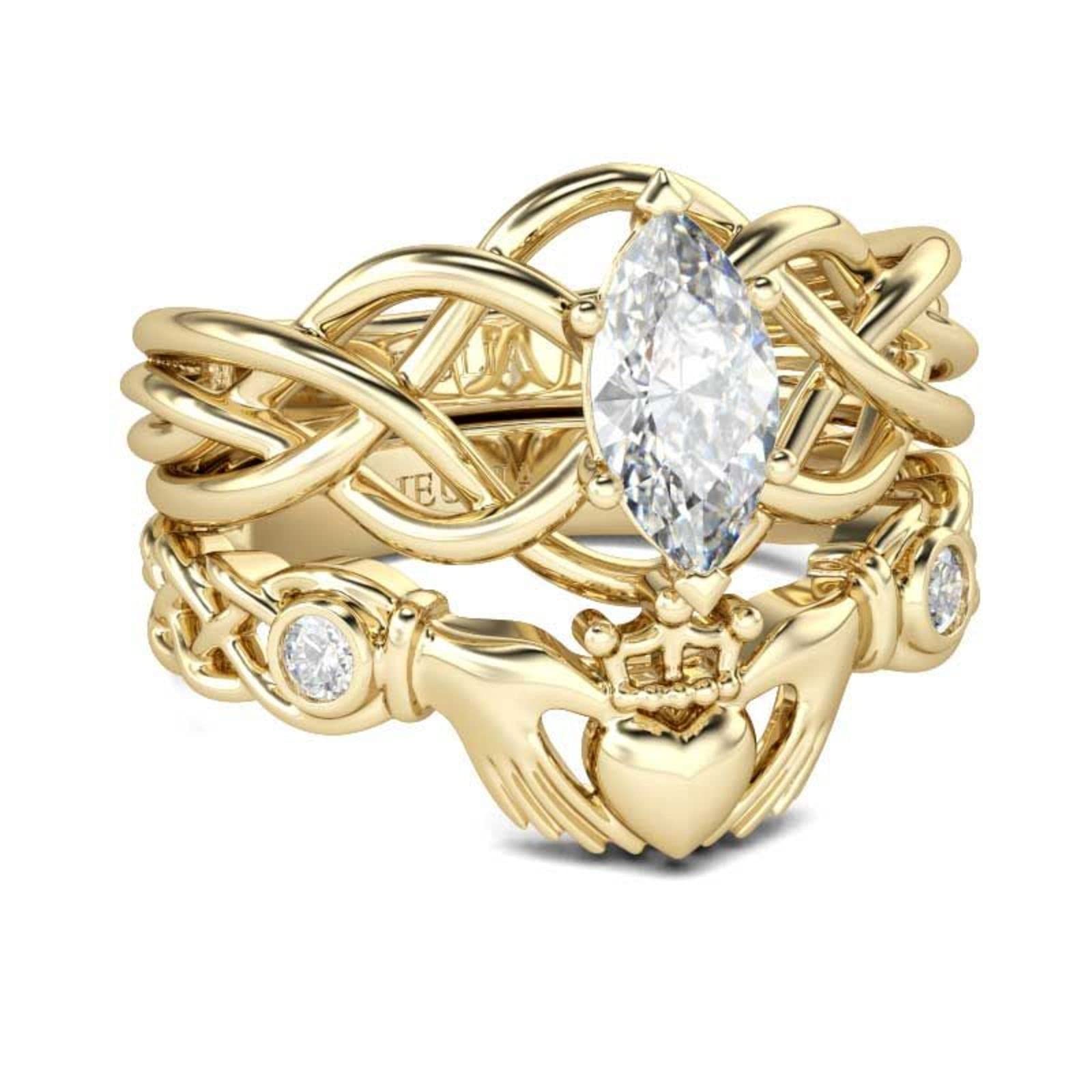 Jeulia Princess Cut Sterling Silver Ring Set with Zirconia - Intertwined Claddagh Engagement & Wedding Band for Women - CZ Solitaire Heart Promise Rings for Anniversary, Bridal, and Couple Gifts - Perfect for Proposals, Valentine's Day, and Romantic Occasions