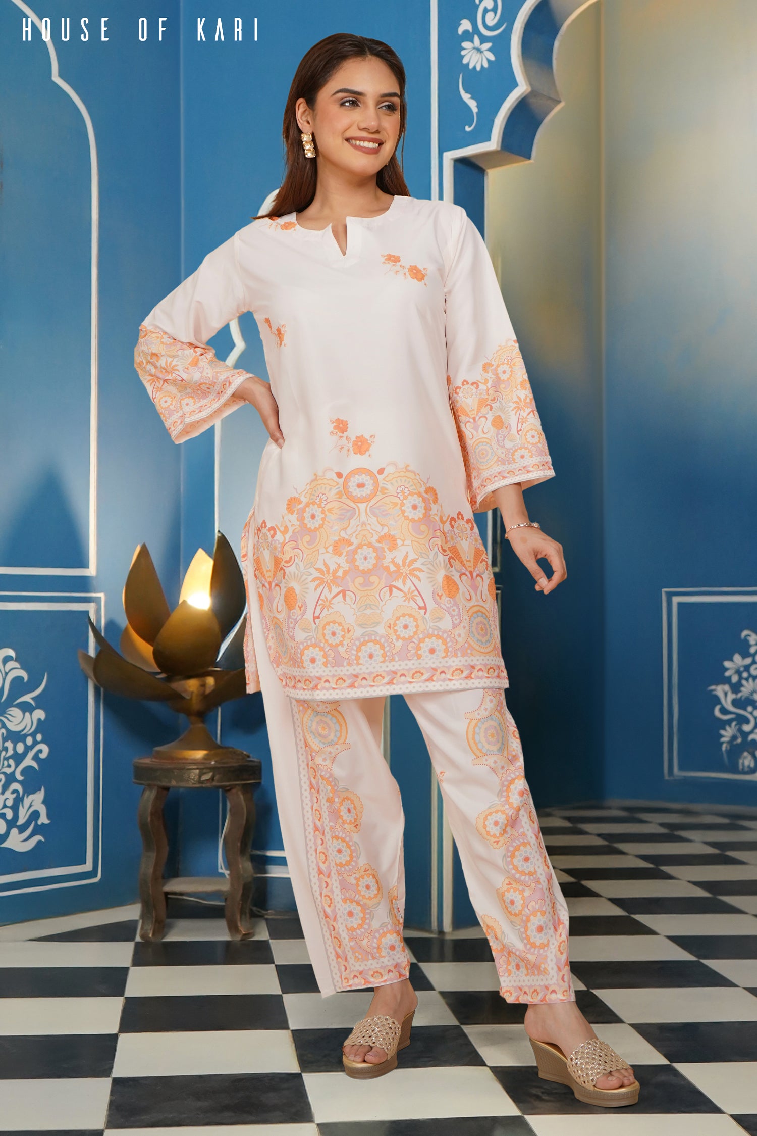 Printkari Poly Muslin Co-Ord Set in Orange | Stylish Women's Ethnic Outfit for Casual Wear & Festive Occasions