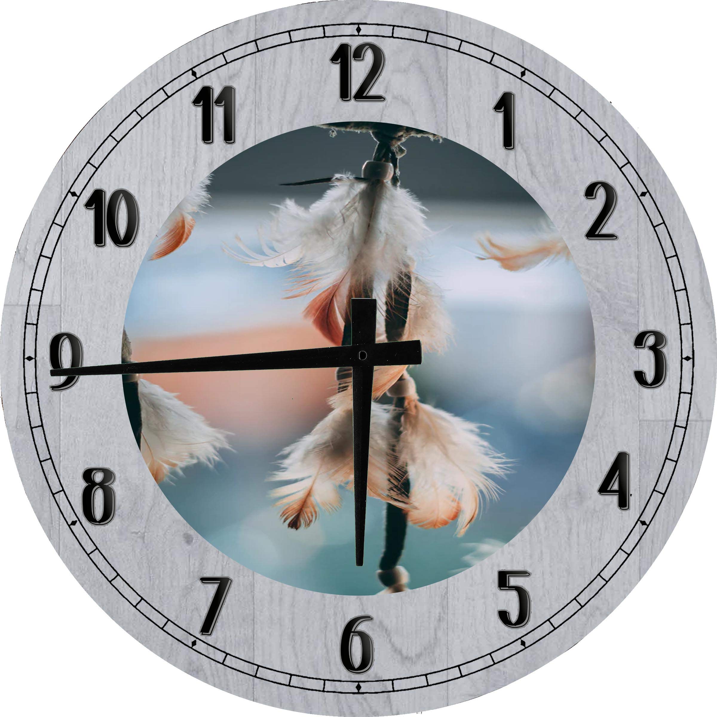 24 Inch Dreamcatcher Feather Boho Chic Wall Art - Large Round Wall Clock Decor, Battery Operated, Gray | Perfect for Living Room, Bedroom & Boho Home Decor