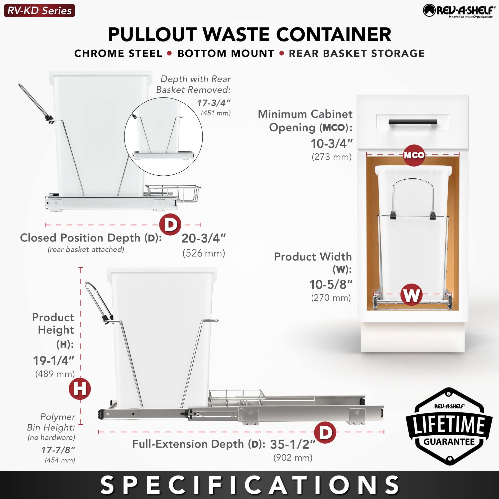 Rev-A-Shelf 35 Qt Pull-Out Trash Can for Kitchen Cabinets - Full Extension Slides, Waste & Recycling Bin, Orion Gray (RV-12KD-13C-S) - Perfect for Under-Sink Organization & Eco-Friendly Homes