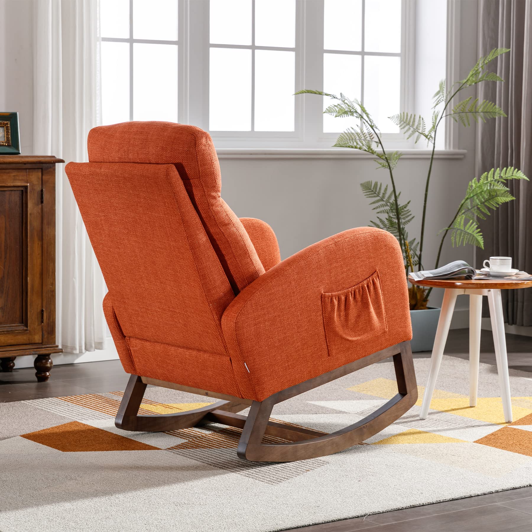 Comfortable Dolonm Nursery Rocking Chair - Upholstered Glider Rocker with Padded Seat & High Backrest, Accent Armchair for Living Room, Bedroom, Baby Nursery - Perfect for Nursing, Relaxing & Reading (Orange)