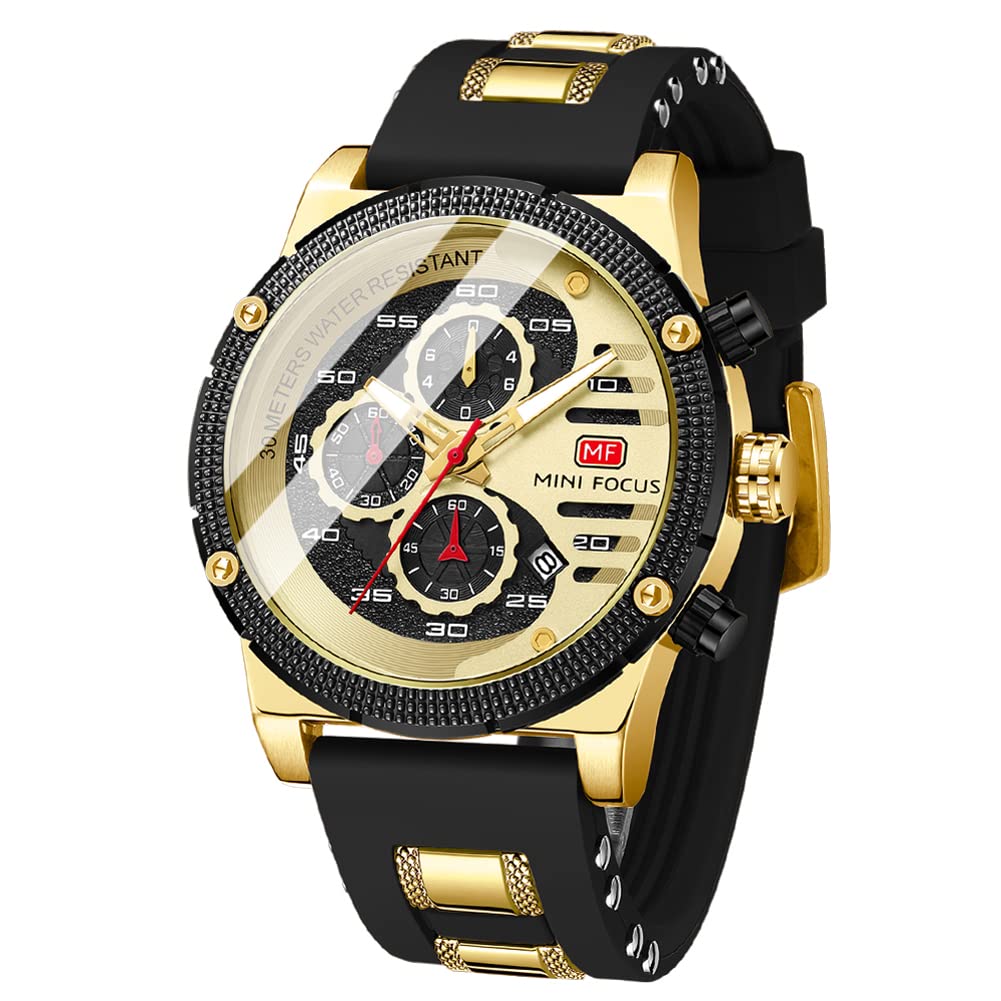 MF MINI FOCUS Men's Chronograph Watch - Waterproof Sport Analog Quartz Wristwatch with Silicone Strap | Fashion Accessory for Everyday Wear, Gym & Outdoor Activities