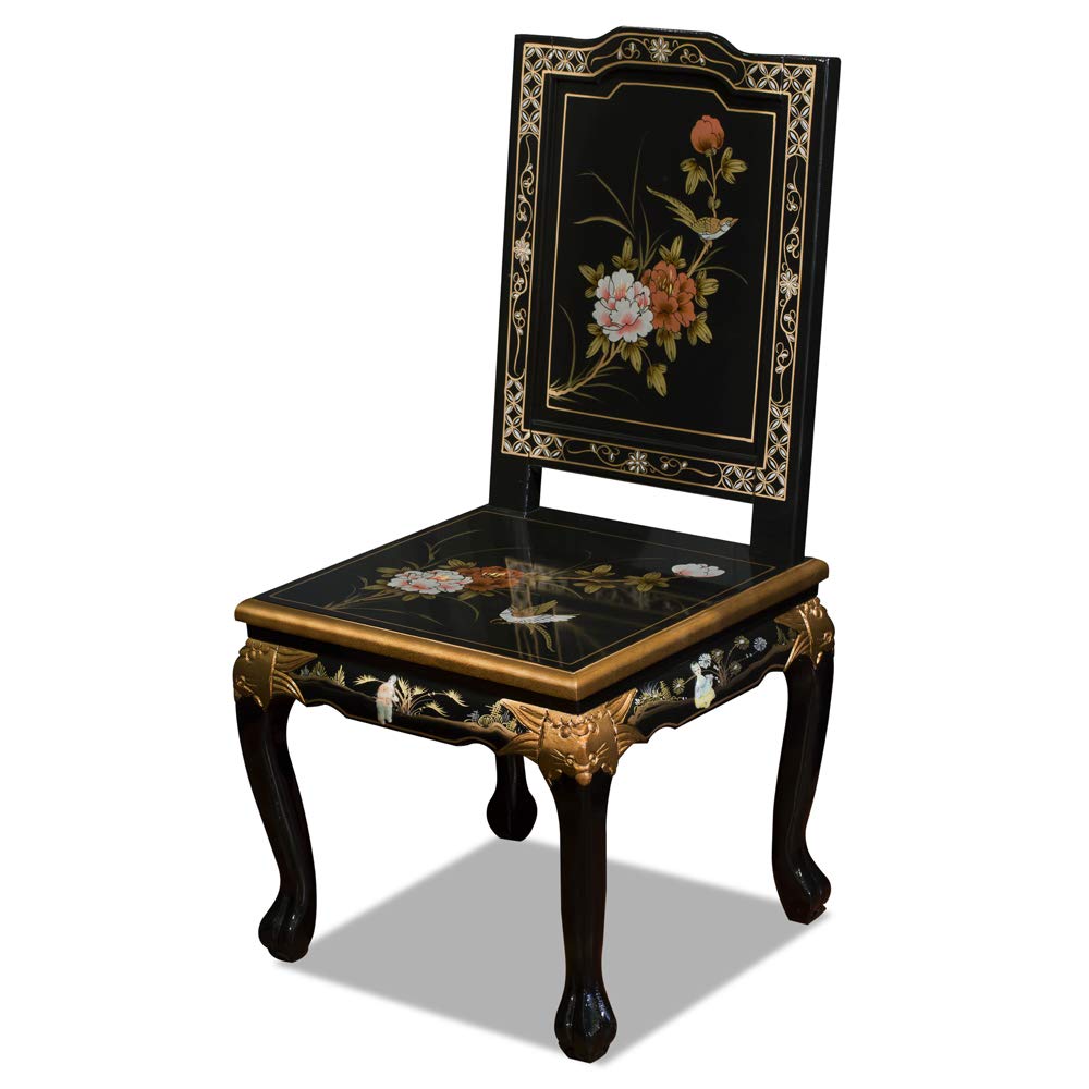 Elegant Black Lacquer Oriental Desk Set with Mother of Pearl Inlay - Harpsichord Style Writing Desk for Home Office & Study Room Decor