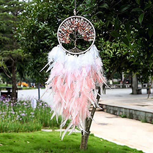 Handmade Pink Tree of Life Dream Catcher with Healing Crystals & Feathers - 25.6 Inch Wall Hanging Decor for Bedroom, Living Room, Wedding & Party | Boho Home Decor, Spiritual Gift, Meditation Space Accent