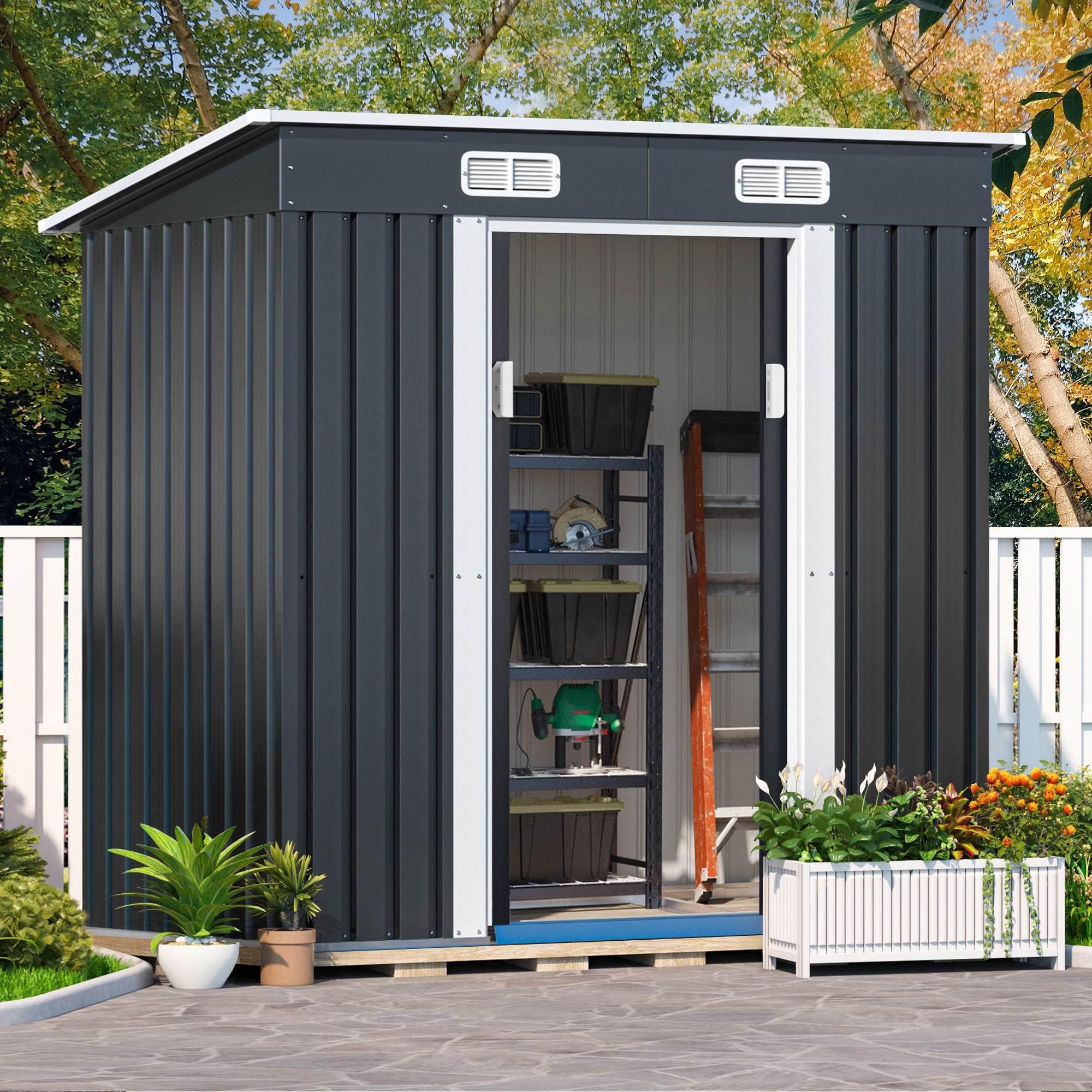 JAXPETY 6'x4' Metal Garden Storage Shed with Sliding Doors & Air Vent - Lockable Outdoor Tool Shed for Backyard, Patio, Lawn - Perfect for Storing Gardening Tools, Lawn Equipment & Seasonal Items