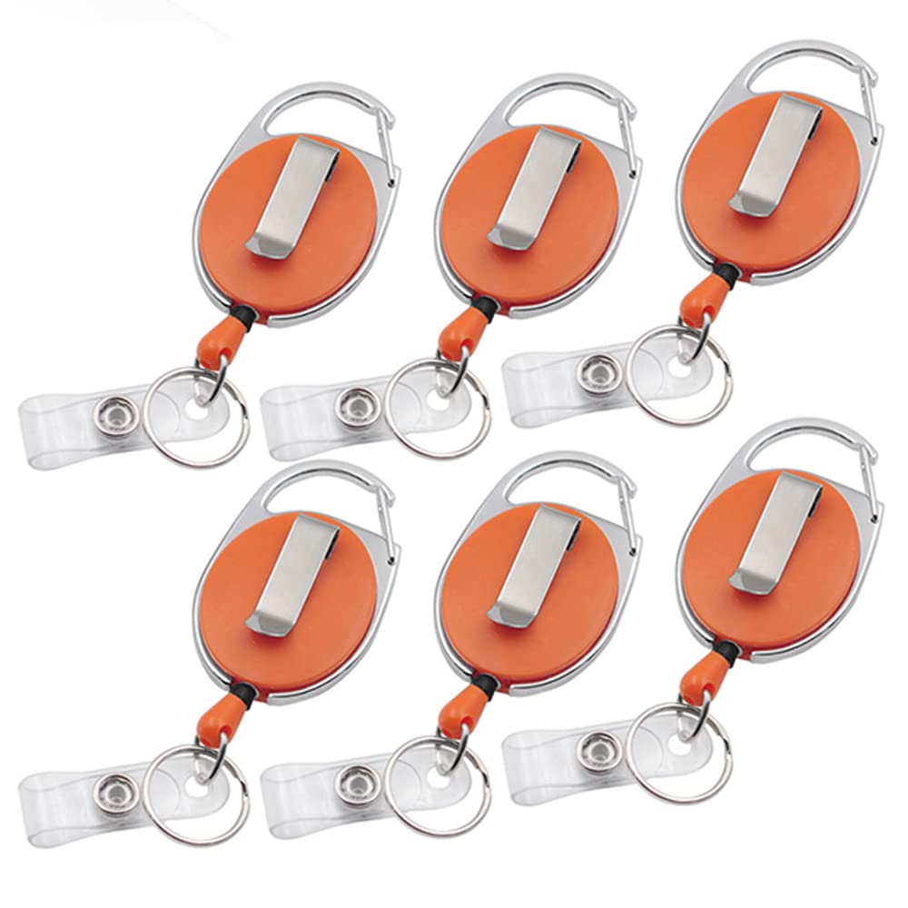 6PCS Self Retracting ID Badge Reels with Carabiner Clip & Back Splint - Orange Retractable Keychain for Work, School & Events (ID Card Holder, Lanyard Replacement)