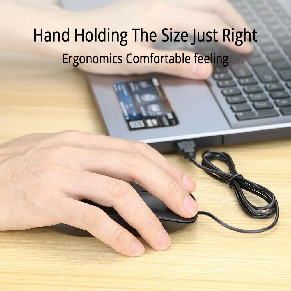 Ergonomic Wired USB Optical Mouse for PC & Laptop - Comfortable Scroll Wheel Black Mice for Office, Gaming, and Home Use