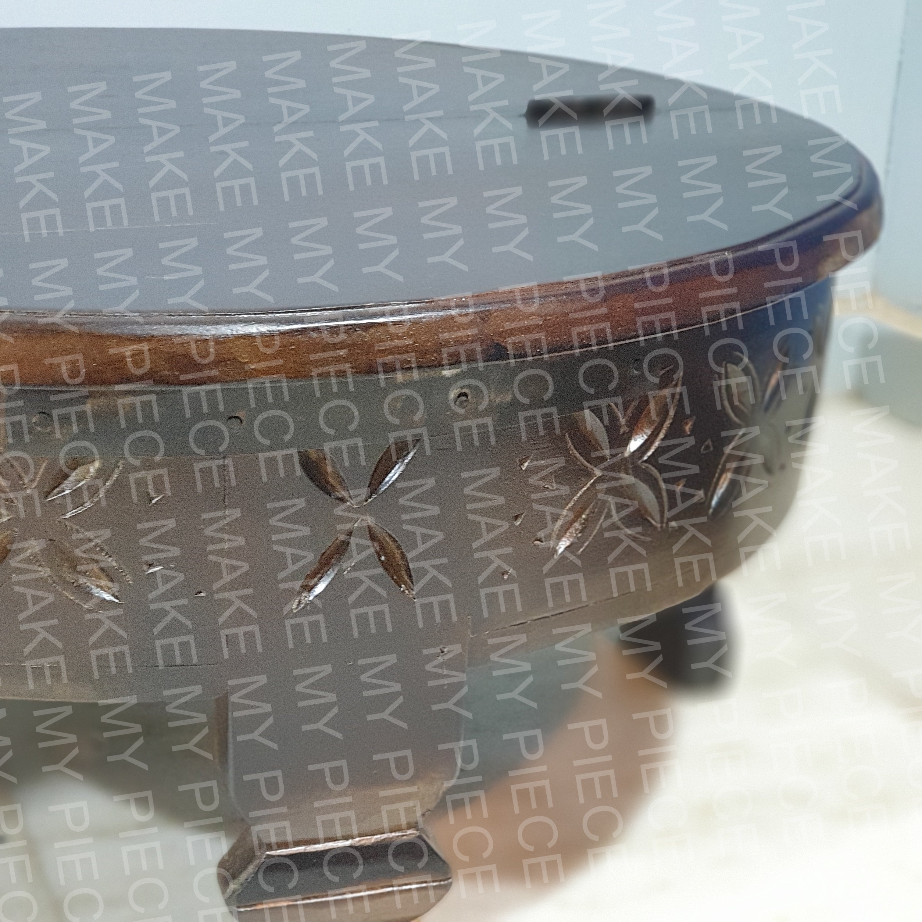 FARHANA Tribal Grinder Round Coffee Table - Dark Brown Wooden End Table with Carved Design for Living Room, Lounge & Home Decor