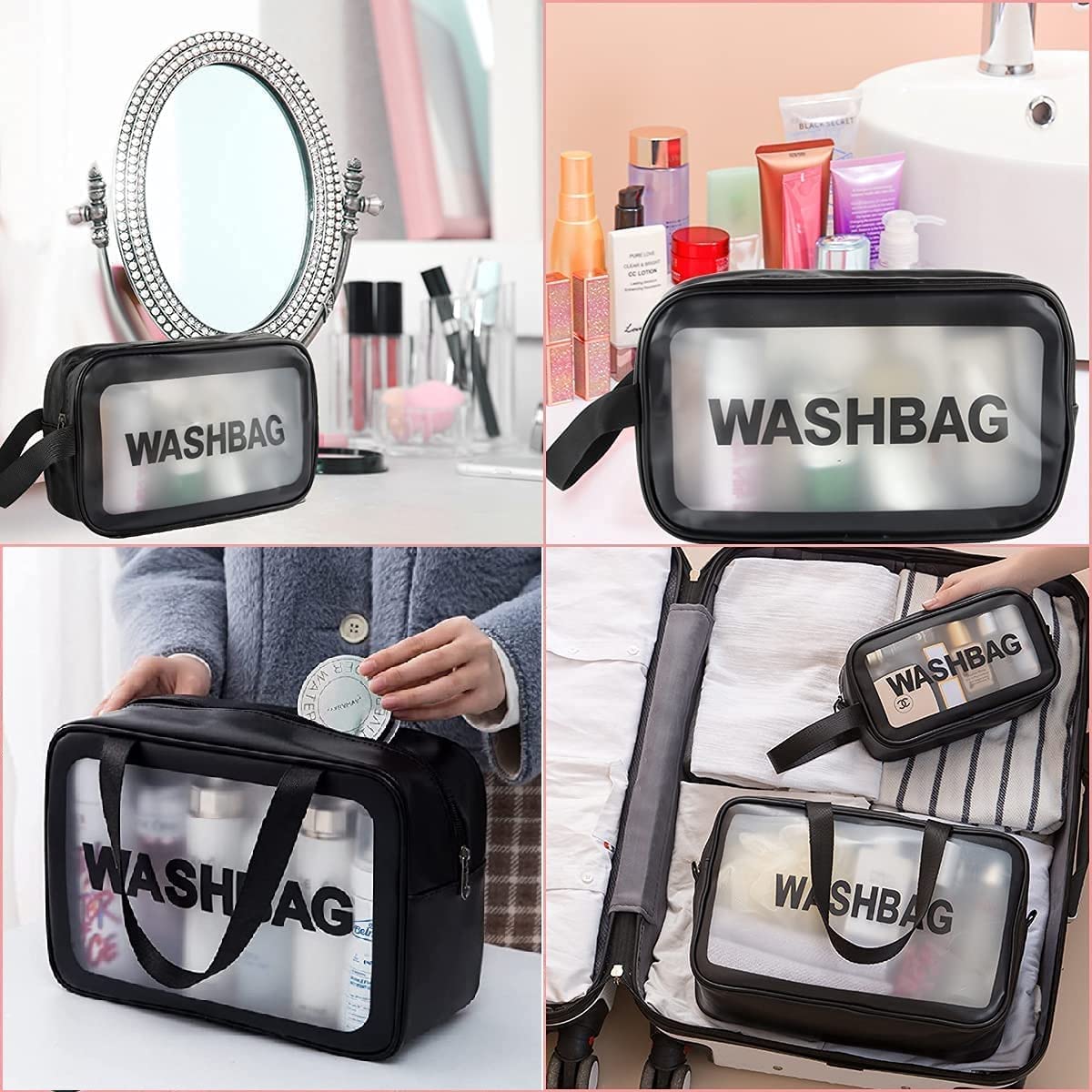 Waterproof Clear Makeup Pouch Set - 3PCS Travel Cosmetic Organizer Bag for Women | Toiletry Storage Kit for Cosmetics, Brushes & Accessories | Perfect for Travel, Gym & Daily Use (Black)