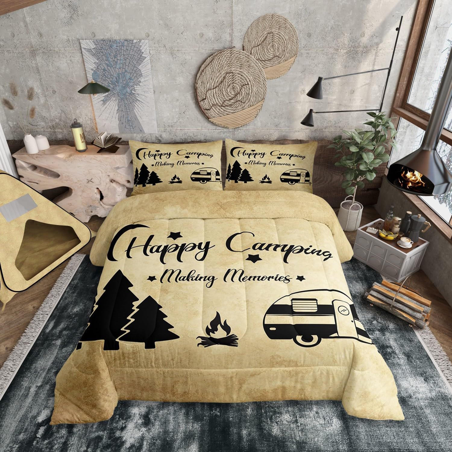 2-Piece Twin Size Camper Bedding Set for Boys, Kids, Teens & Adults - Rustic Farmhouse Style Duvet Cover with Old Barn Door Black Sketch Design - Perfect for Camping Trips, RV Adventures & Cozy Cabin Stays