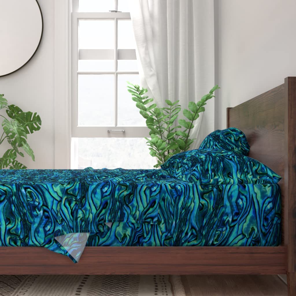 Spoonflower 100% Cotton Twin Sheet Set 3pc - Blue Mother Print Mineral Geology Turquoise Teal Shell Water Design Custom Bedding | Soft & Breathable for Comfortable Sleep, Dorm Room & Guest Bed Essentials