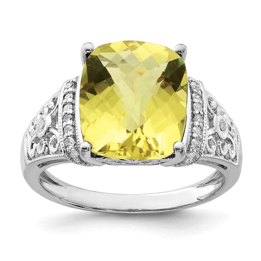 925 Sterling Silver Diamond & Checkerboard Cut Lemon Quartz Engagement Ring - 0.106 CTTW - Elegant Wedding Band, Anniversary Gift for Her, Perfect for Proposals & Special Occasions