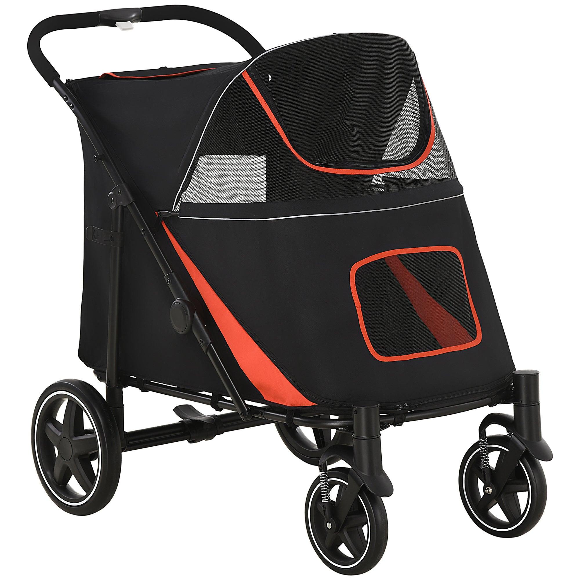 1 Click Foldable Dog Stroller for Medium & Large Dogs - Pet Stroller with Storage Basket, Shock Absorption Wheels, Breathable Mesh Windows & Safety Leash - Ideal for Walking, Shopping & Outdoor Adventures (Black)