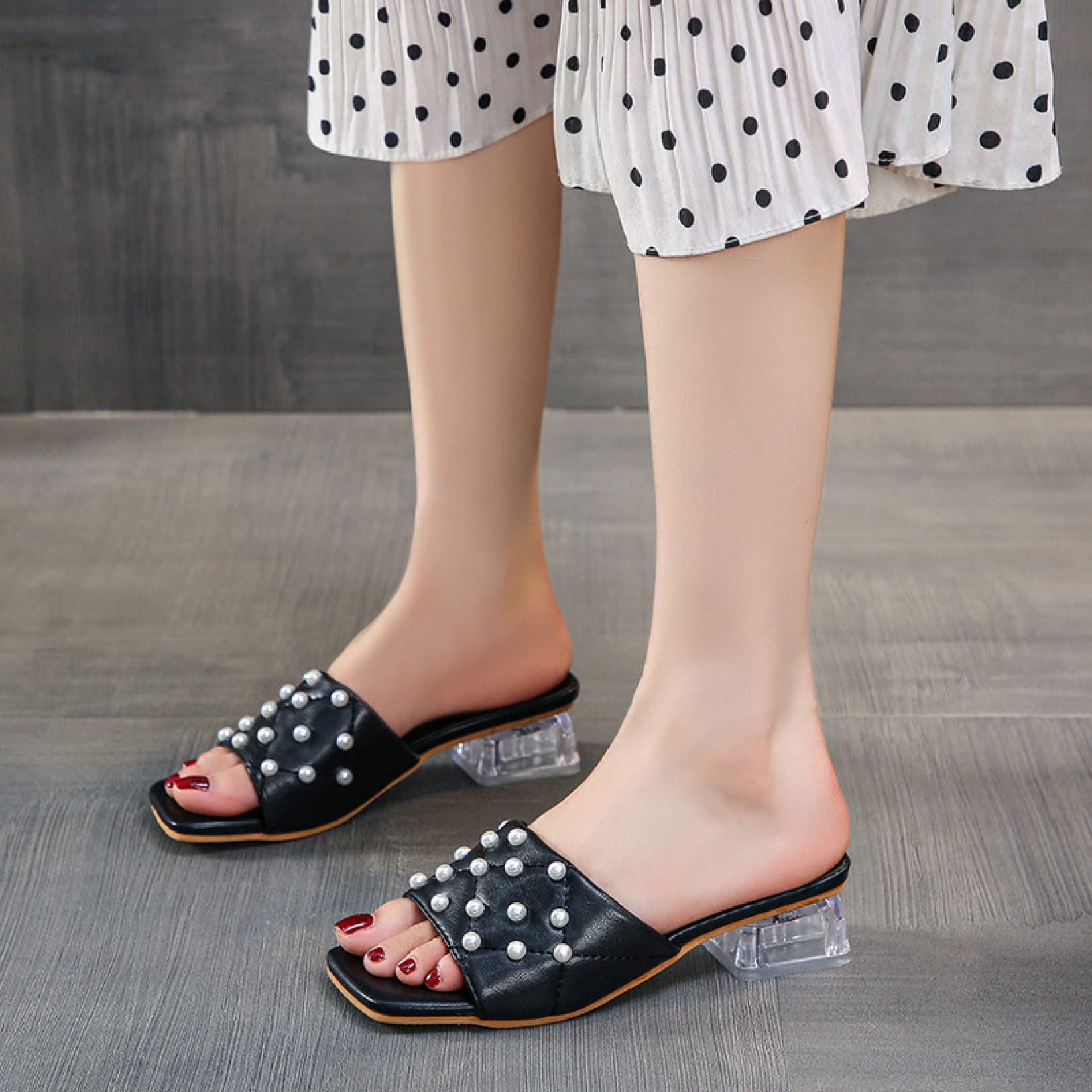 Elegant Pearl Slide Heeled Sandals for Women - Backless Block Mid Heel Mule Dress Shoes | Perfect for Weddings, Parties & Summer Outfits