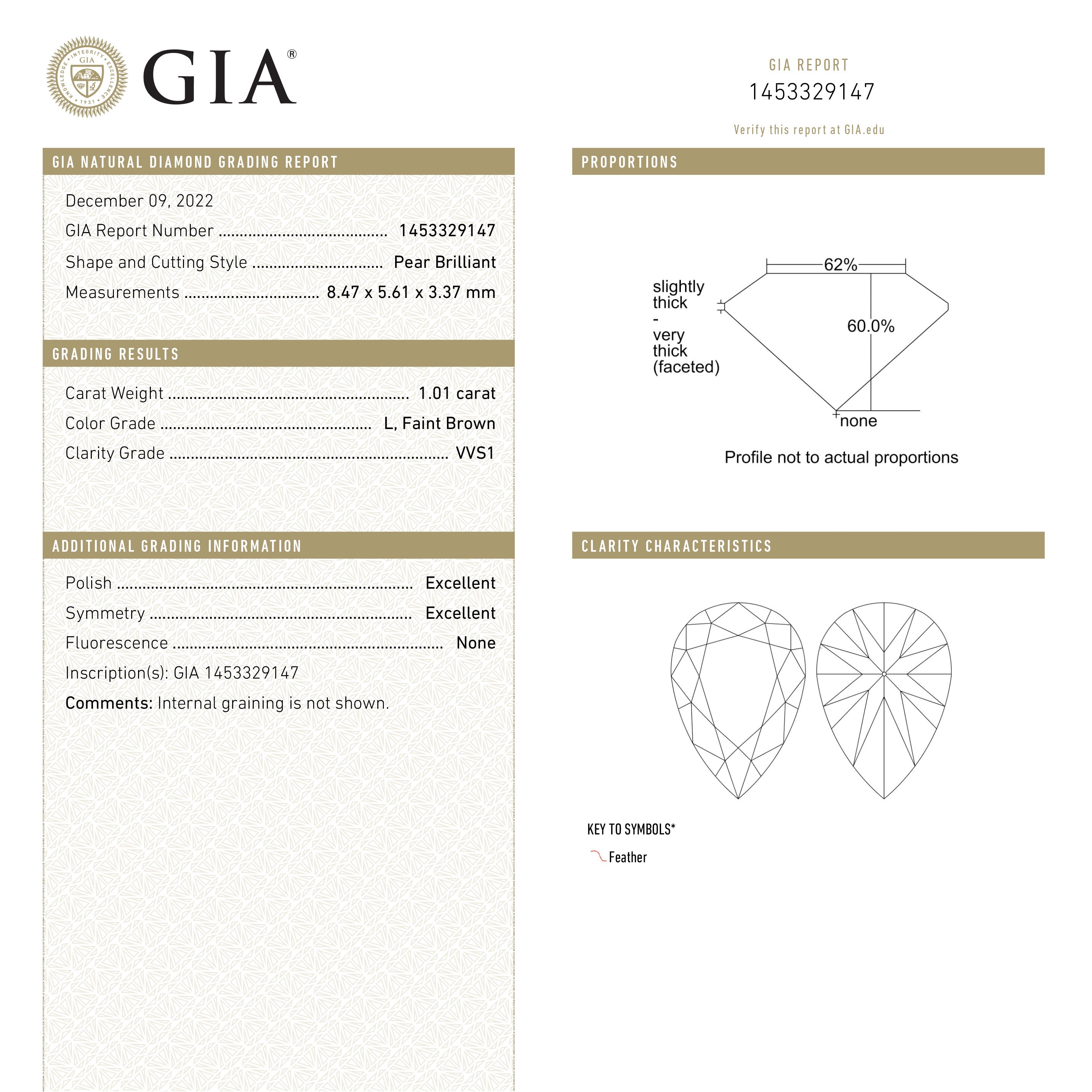 1.01ct GIA Certified VVS1 Pear Brilliant Cut Diamond - 8.47x5.61x3.37mm for Engagement Rings & Fine Jewelry