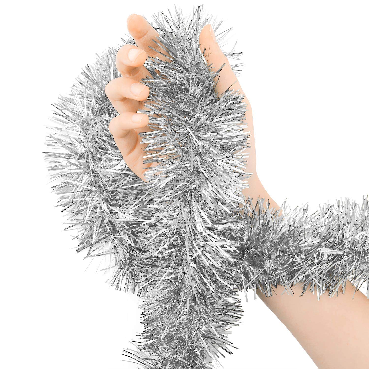 WILLBOND 50 ft Silver Christmas Tinsel Garland - Metallic Twist Garland for Christmas Tree Decorations, New Year, Wedding, Birthday & Party Supplies (3 Inch) - Perfect for Holiday Home Decor, Xmas Parties & Festive Celebrations