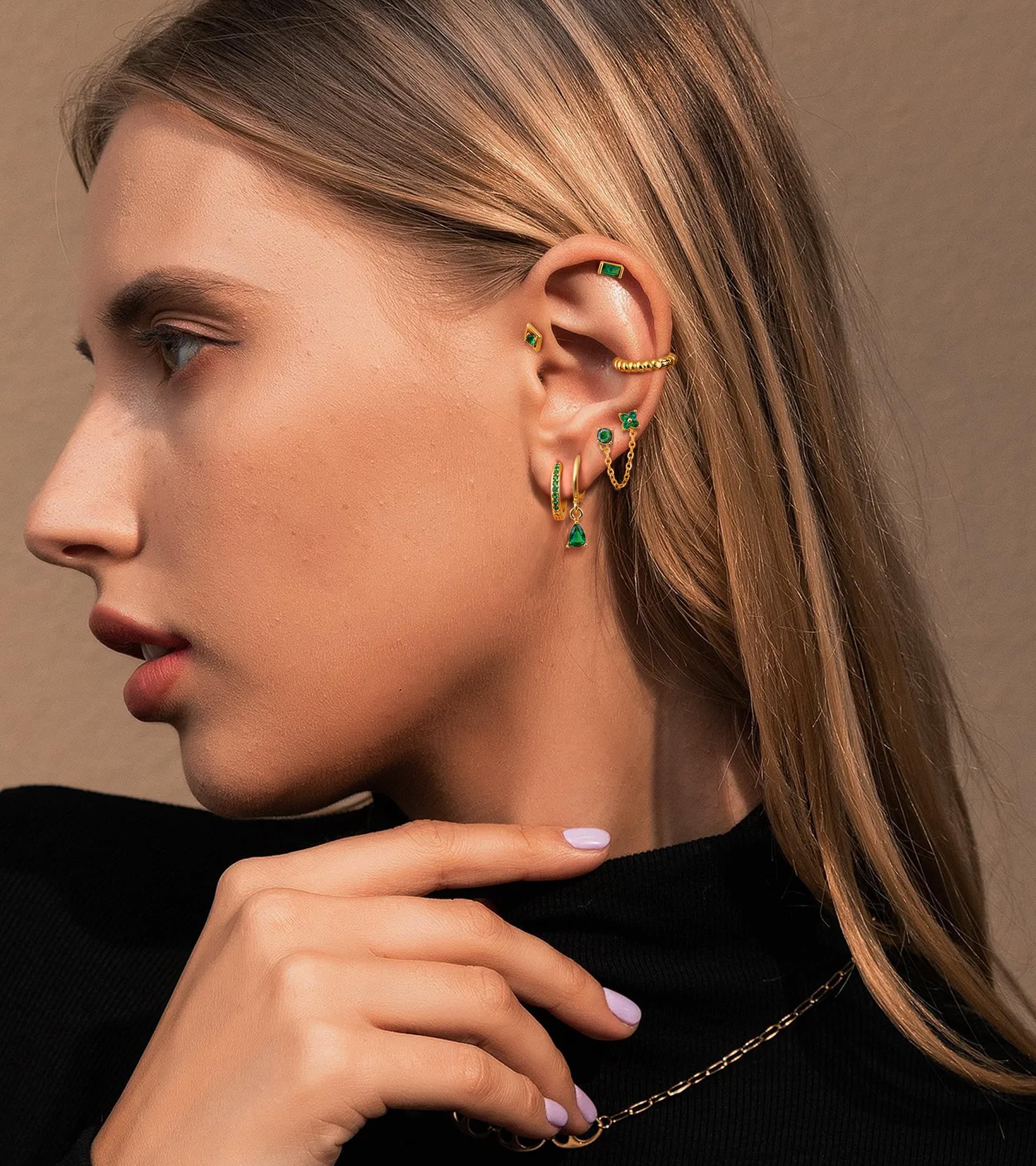 FIOROYAL 25Pcs Hypoallergenic Surgical Steel Earrings Set for Women - Stud, Hoop, Snake, Butterfly, CZ Chain Dangle & Emerald Green Earrings | Gold Helix Piercing Jewelry for Girls | Perfect for Parties, Gifts & Everyday Wear