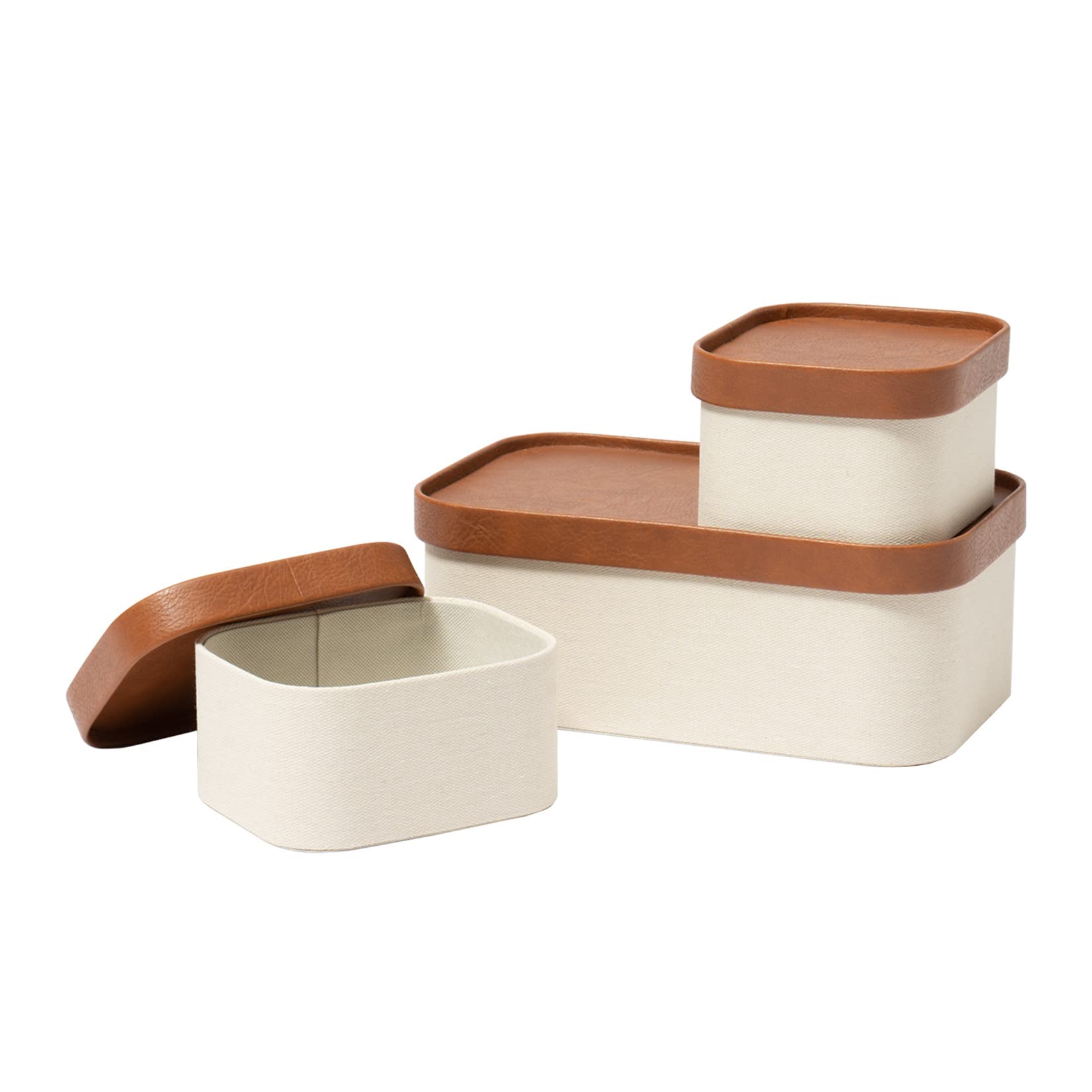 Beige Decorative Storage Boxes with Lids - Leather-Like Stackable Paper Baskets, Modern Organizer Bins for Jewelry, Shelves, Bathroom & Bedroom | Perfect for Home Organization and Stylish Storage Solutions