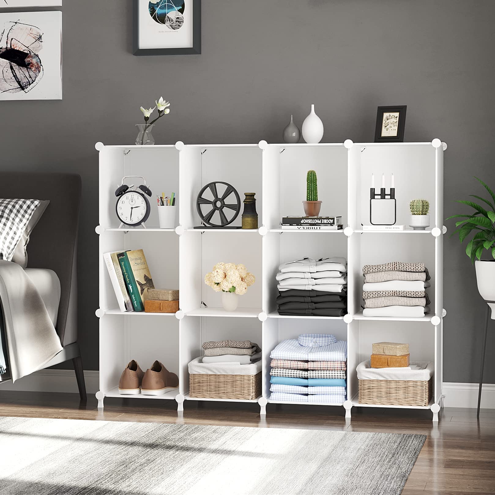 12-Cube Storage Organizer - Stackable DIY Closet Shelves for Home & Bedroom Organization - White
