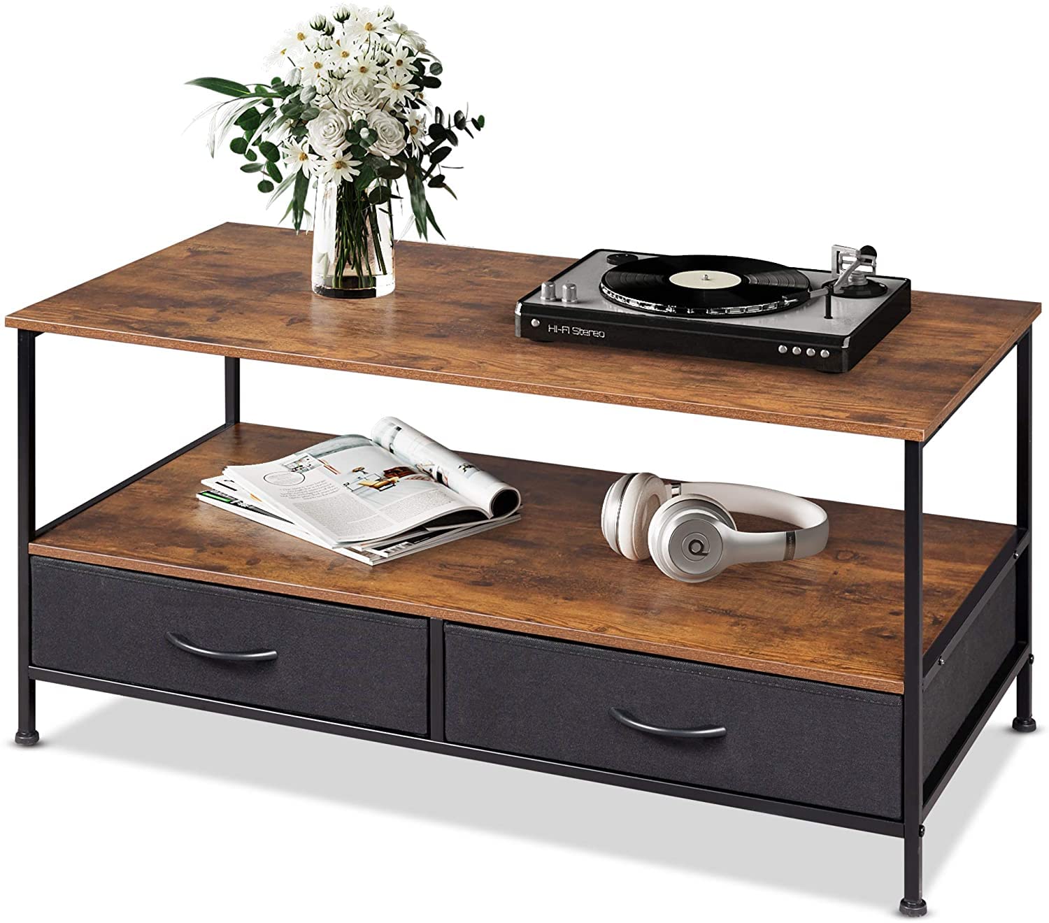 Modern 2-Tier Coffee Table with Metal Frame, Storage Shelf & 2 Fabric Drawers - Multi-Functional Cocktail Table, TV Stand & Side Table for Living Room, Home Office & Small Spaces | Perfect for Entertaining, Relaxing & Stylish Home Decor