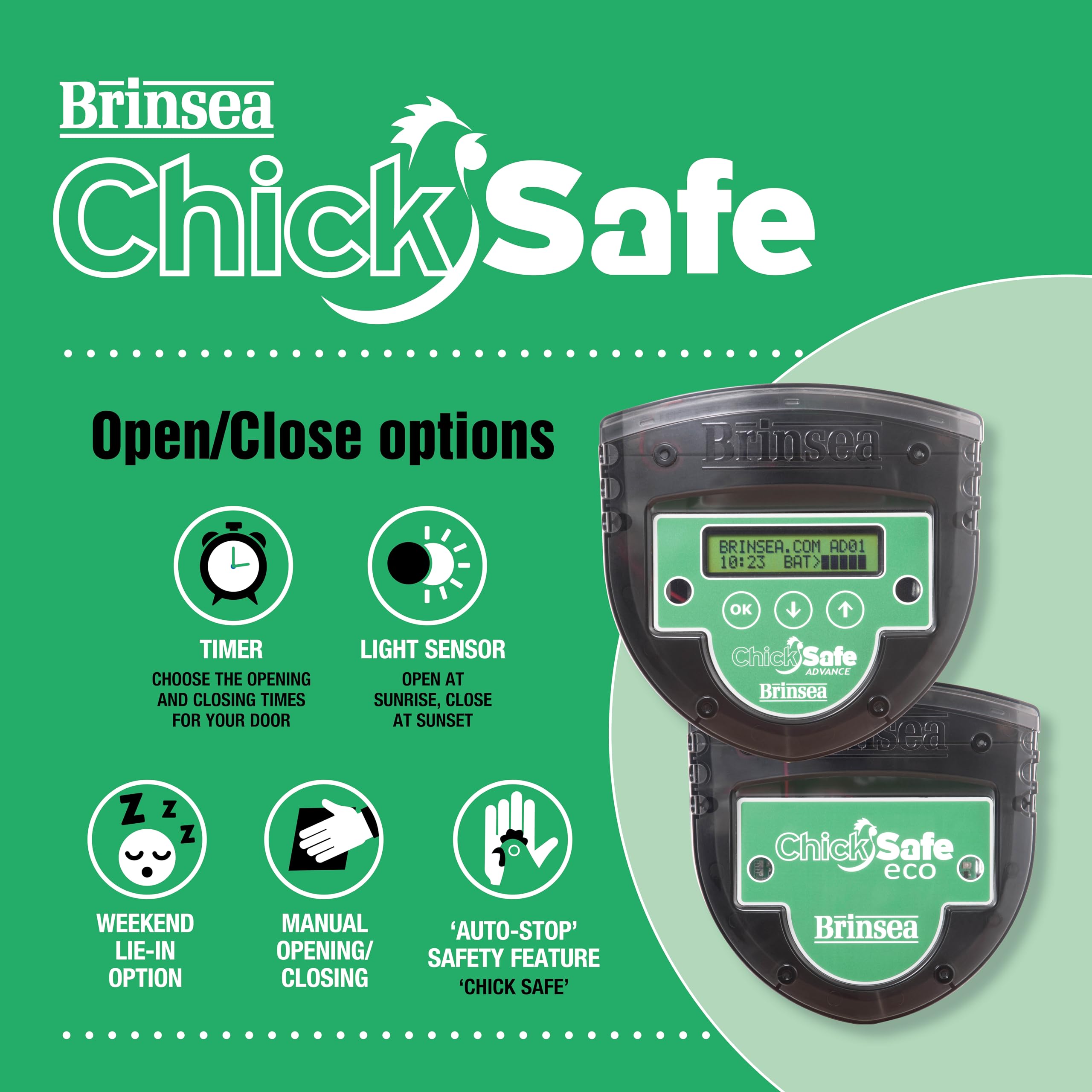 Brinsea ChickSafe Advance Automatic Chicken Coop Door Opener - Programmable Timer & Digital Display for Vertical Sliding/Hinged Hen House Doors (8 lb Lift Capacity) - Perfect for Poultry Farms, Backyard Chicken Coops & Secure Nighttime Protection