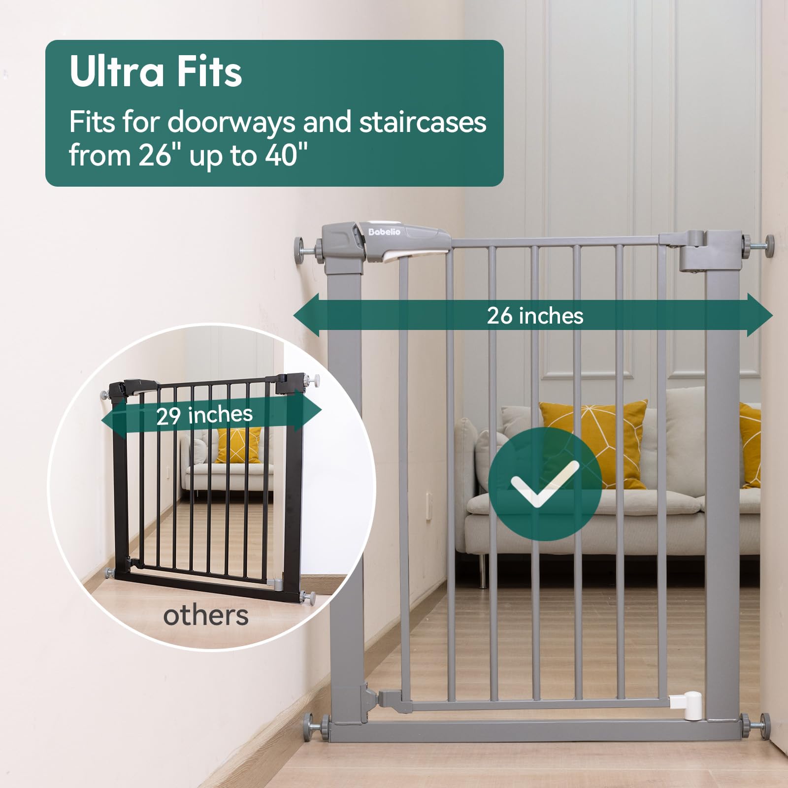 BABELIO 26-40 Inch Easy Install Pressure Mounted Baby Gate for Stairs & Doorways - No Drilling Pet Gate with Wall Protectors & Extenders, Child Safety & Dog Barrier (Gray) - Perfect for Homes with Toddlers & Pets