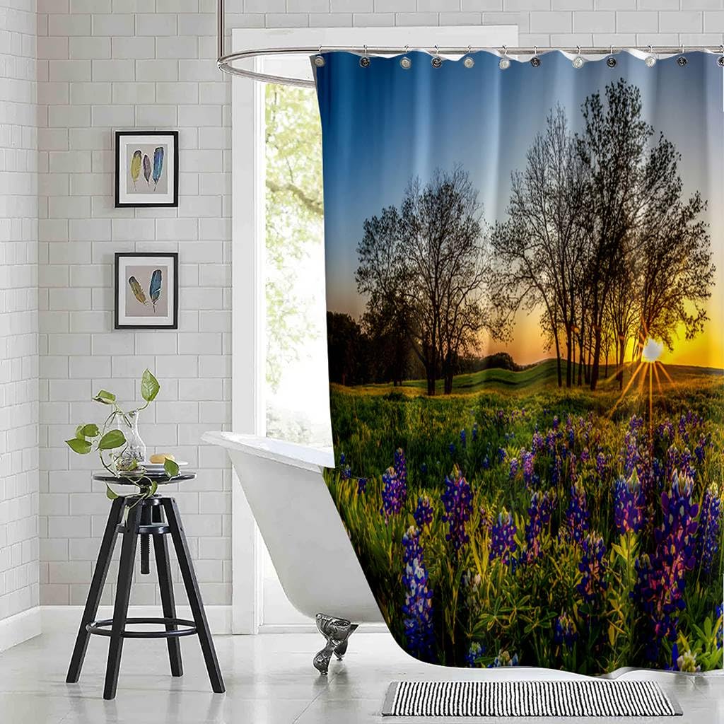 Texas Bluebonnet Field Sunset Shower Curtain Set - Waterproof Polyester Fabric Bathroom Decor with Hooks, 72