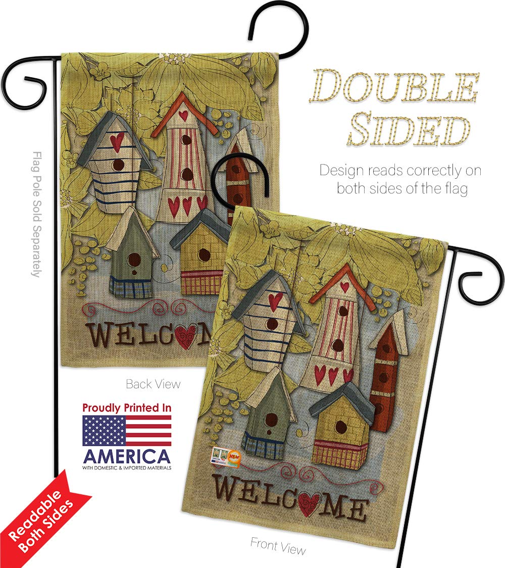 Farmhouse Style Welcome Birdhouse Village Burlap Garden Flag Set with Stand - Double-Sided 13x18.5 Inch Outdoor Decorative Yard Banner - USA Made Home & Garden Gift for Spring, Summer, Fall Decor - Perfect for Porch, Patio, Front Yard & Farmhouse Style Gardens