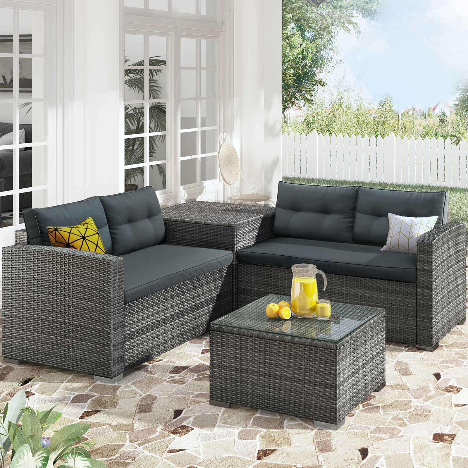 4-Piece Outdoor Patio Furniture Set - Wicker Rattan Sectional Sofa with Cushions & Glass Table - Gray - Perfect for Garden, Porch, Backyard & Poolside Relaxation