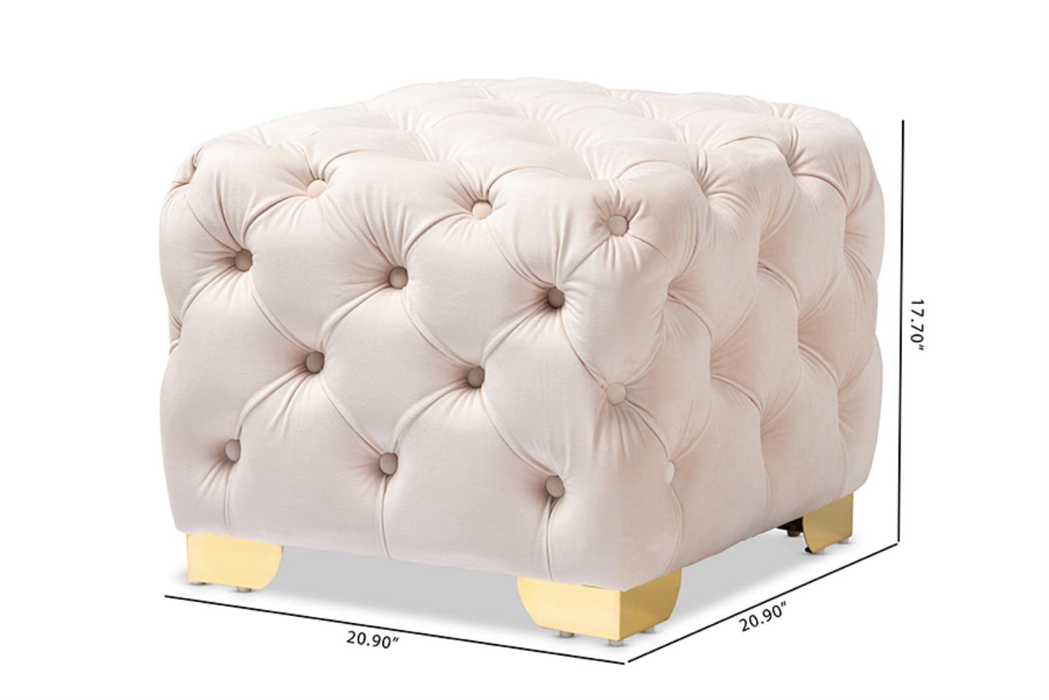 Baxton Studio Avara Tufted Ottoman - Light Beige Velvet Upholstery with Gold Finish | Luxury Footstool, Accent Seat & Bedroom Decor for Modern Living Rooms