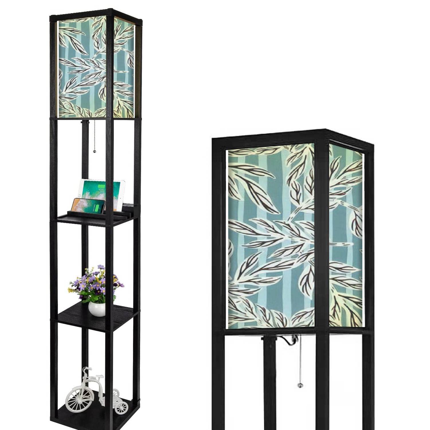 Modern LED Floor Lamp with Shelves, USB Port & Outlet - 3-Light Corner Standing Lamp with Tropical Leaf Design in Grey & Blue Stripes for Bedroom, Living Room | Perfect for Reading, Relaxing & Home Decor