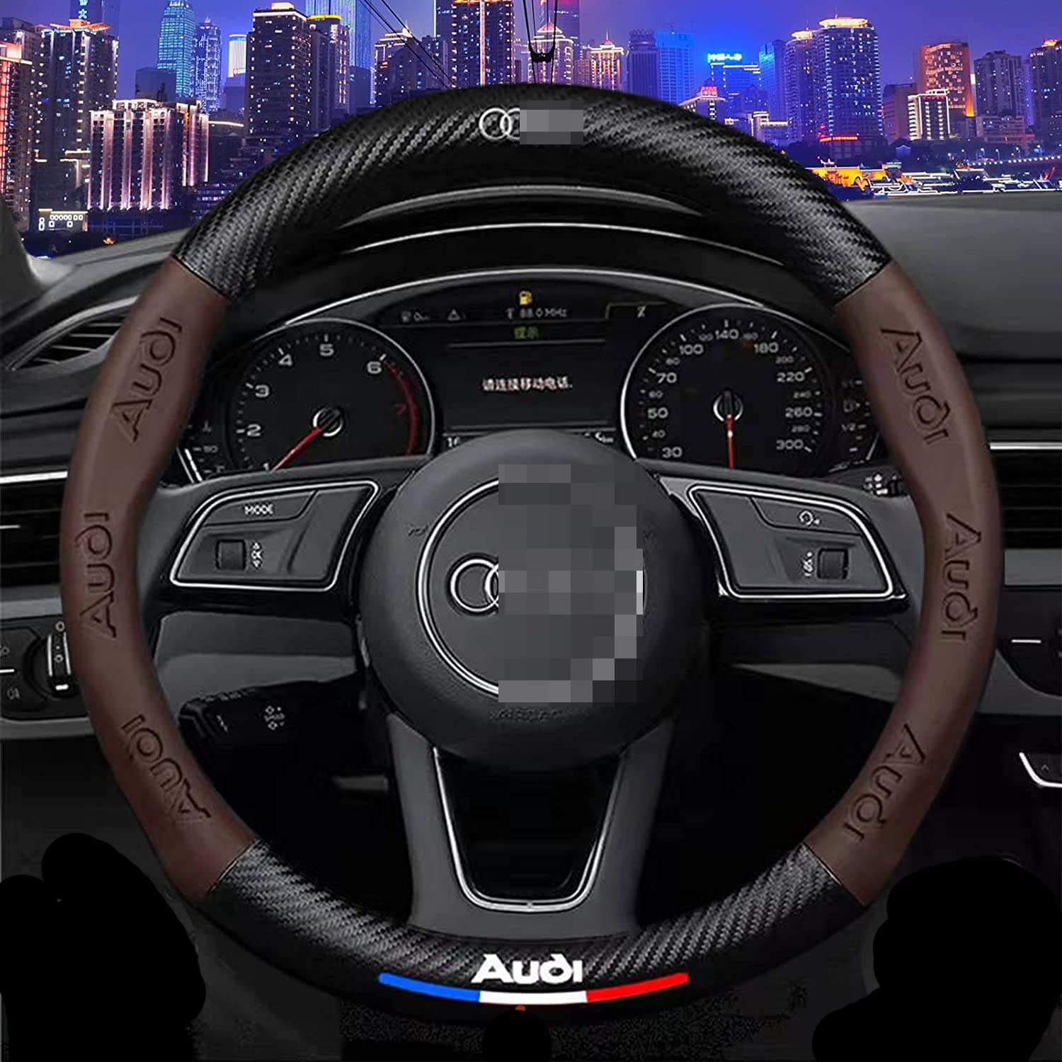 Premium Custom-Fit Leather Carbon Fiber Steering Wheel Cover for Audi - Anti-Slip 3D Embossed Sport Design with Logo | Car Interior Upgrade Accessory for Enhanced Grip & Comfort During Driving