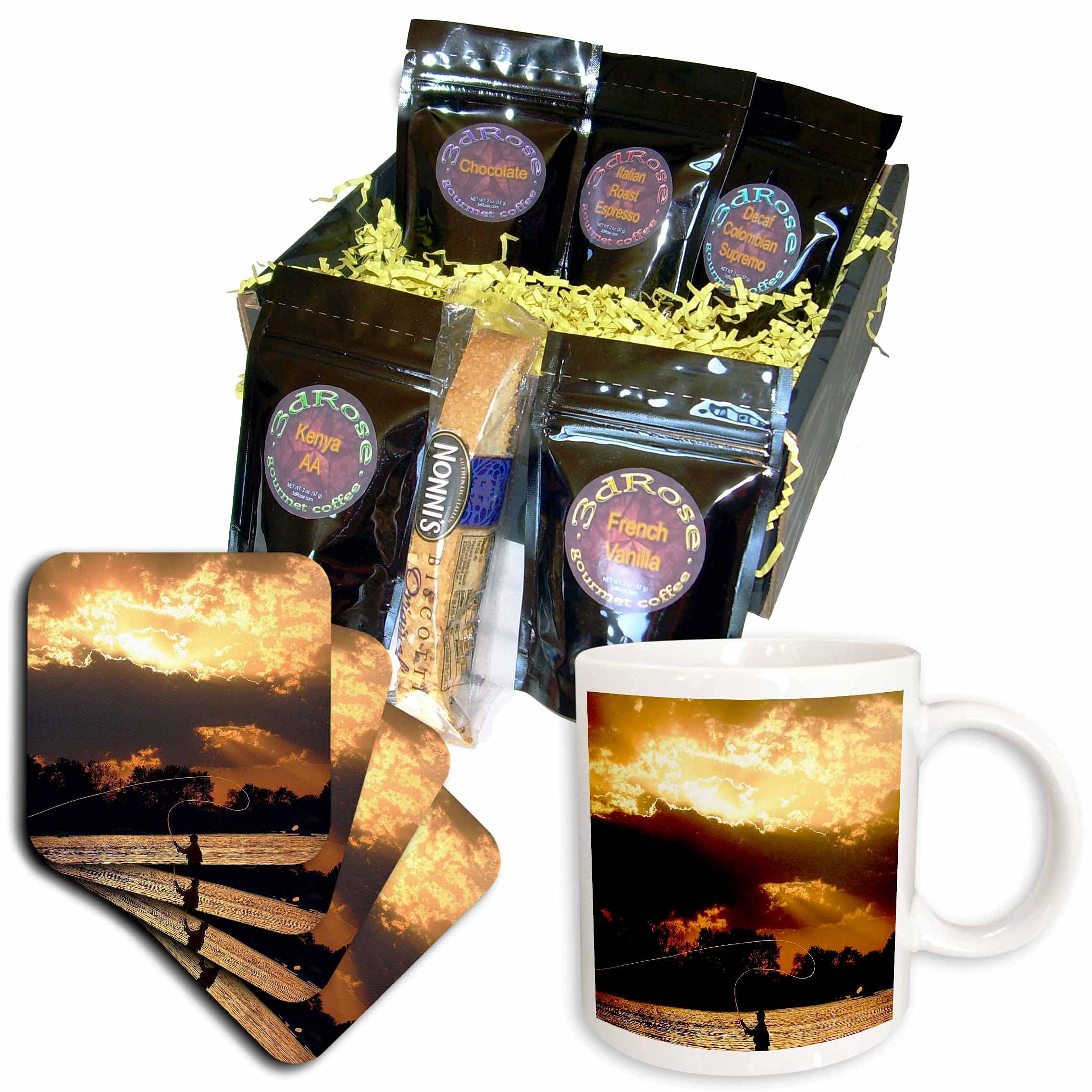 3D Rose Fly Fishing at Sunset Coffee Gift Basket - Unique Fishing Themed Gift Set for Anglers, Coffee Lovers - Perfect for Birthdays, Holidays, Retirement Gifts & Fishing Enthusiasts